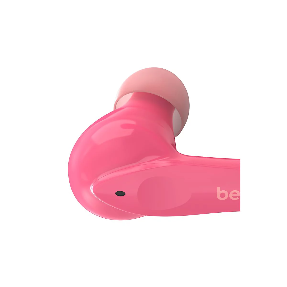 Nahaufnahme eines rosafarbenen Ohrhörers mit hellrotem Ohrpolster. Am Ohrhörer steht 'be'.