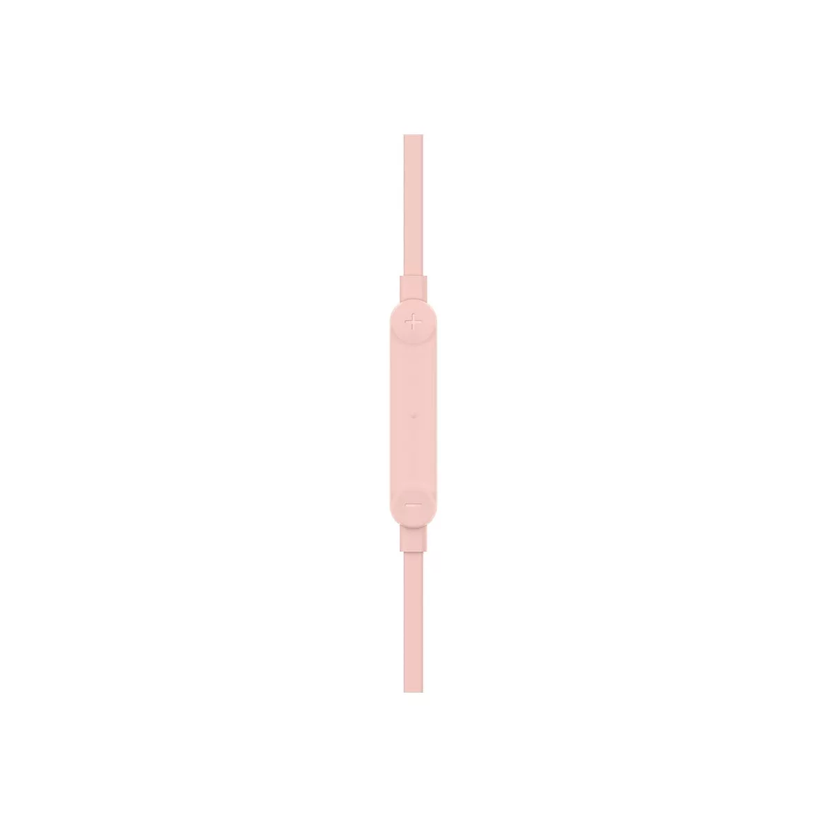 Nahaufnahme einer rosafarbenen Kopfhörerfernbedienung mit Plus- und Minustasten.