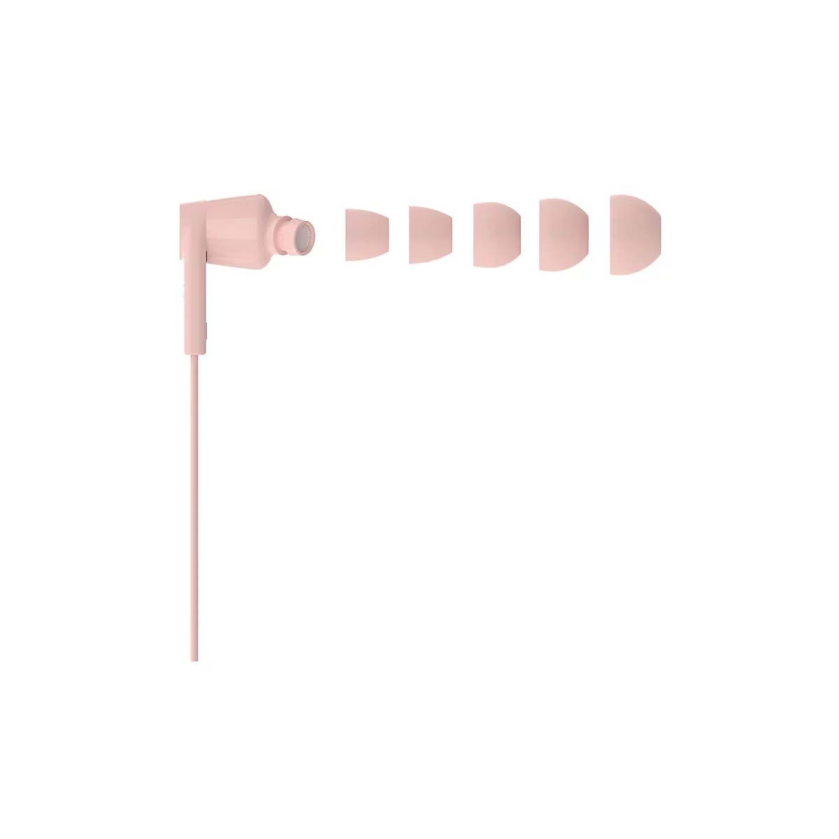 Hellrosa Kopfhörer mit austauschbaren Ohrstöpseln, vor weißem Hintergrund.