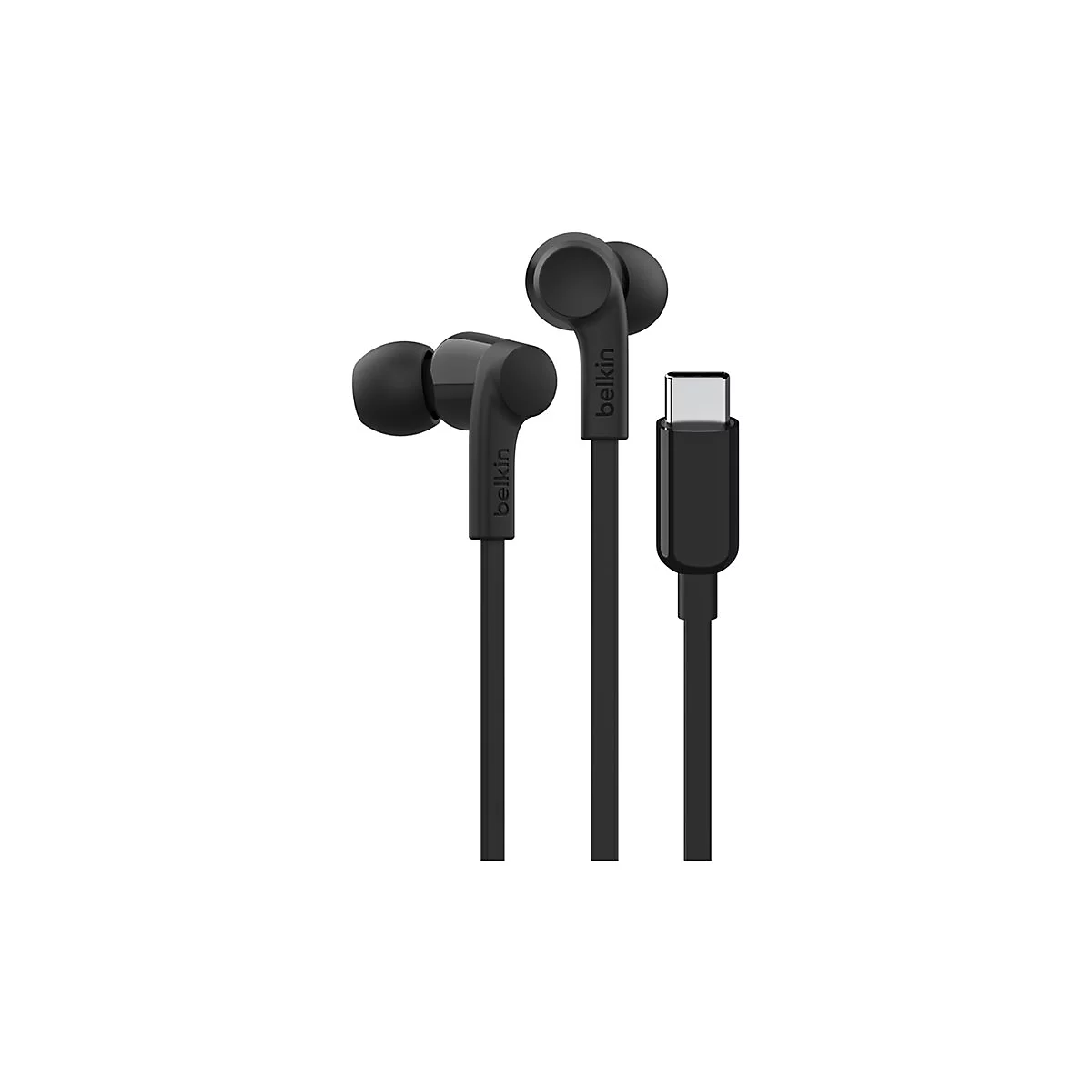 Schwarze In-Ear-Kopfhörer mit USB-C-Anschluss, Belkin-Logo.