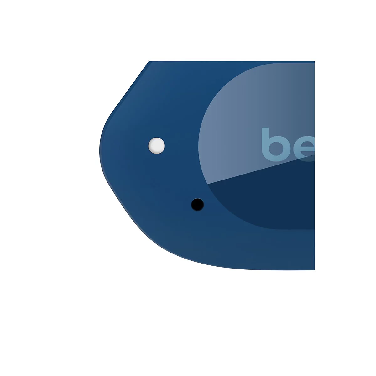 Nahaufnahme eines blauen, abgerundeten Objekts mit den Buchstaben "be". Oben ein weißer Punkt, unten ein schwarzer Punkt.