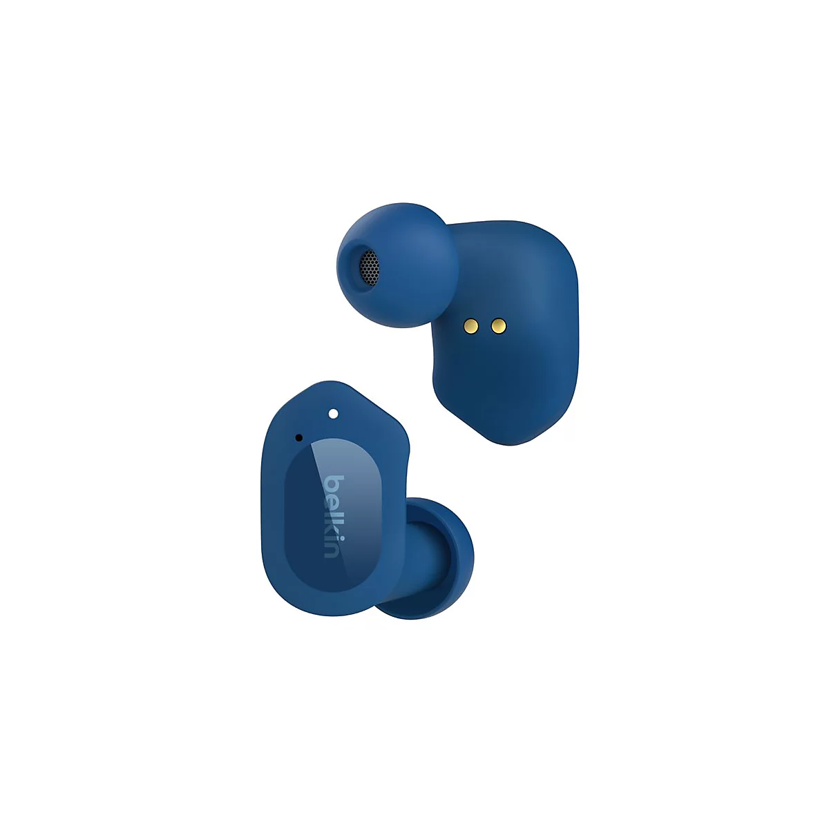 Zwei blaue kabellose Ohrhörer mit Belkin-Logo auf weißem Hintergrund.