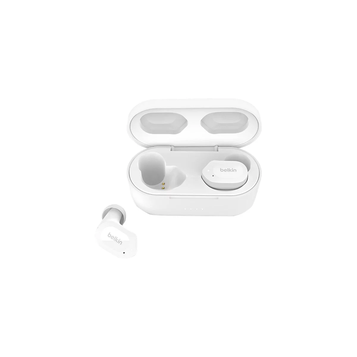 Weiße Belkin True Wireless-Kopfhörer in geöffneter Ladebox und ein einzelner Kopfhörer daneben. Auf dem Case und den Kopfhörern ist das Belkin-Logo zu sehen.