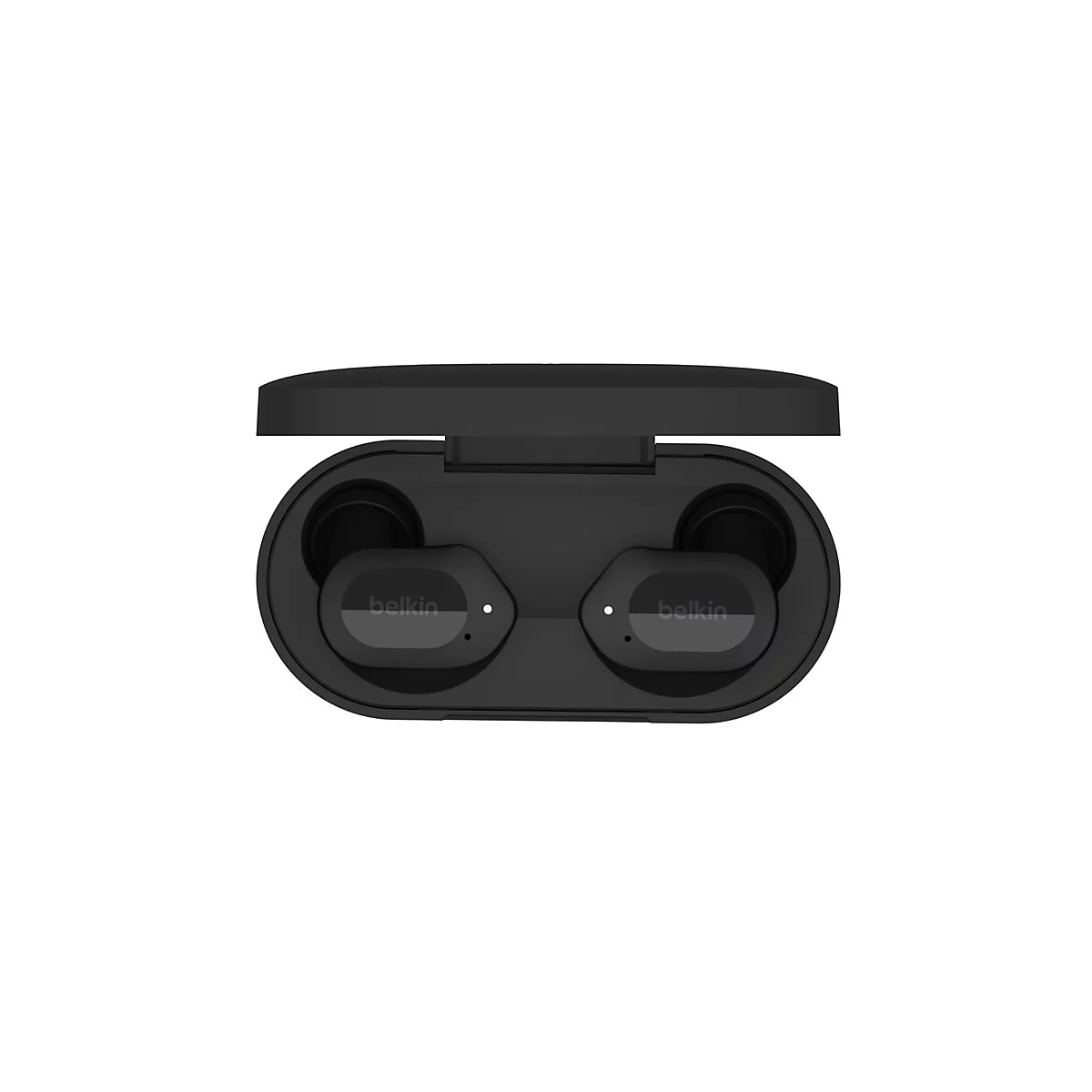 Schwarze kabellose Kopfhörer in geöffneter Ladebox. Die Marke Belkin ist auf den Kopfhörern sichtbar.