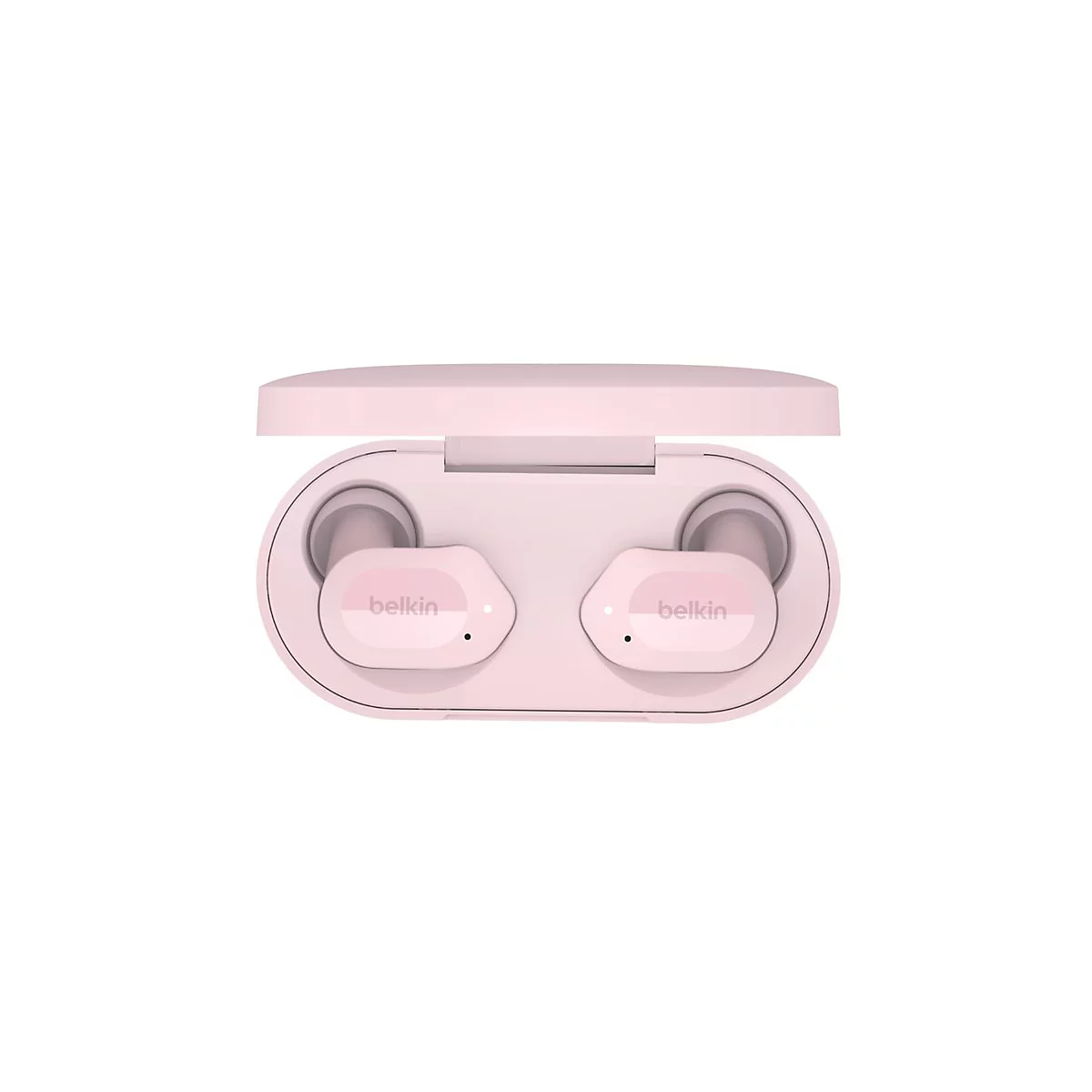 Écouteurs sans fil Belkin rose clair dans l'étui de chargement, ouvert.
