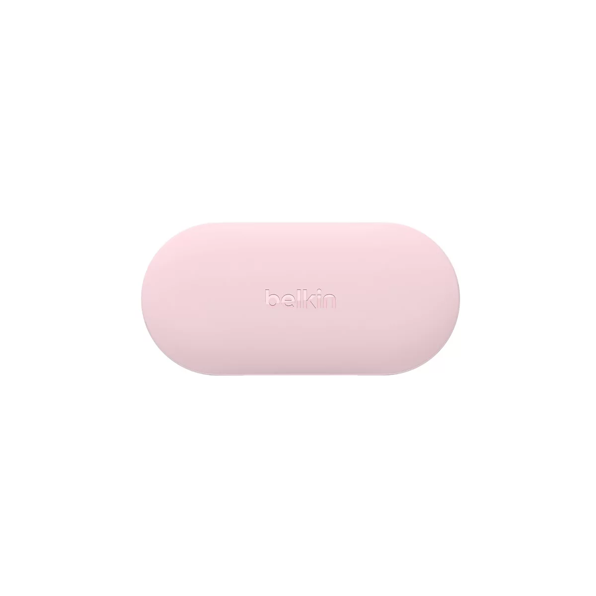 Boîtier de charge ovale rose clair, inscription Belkin.