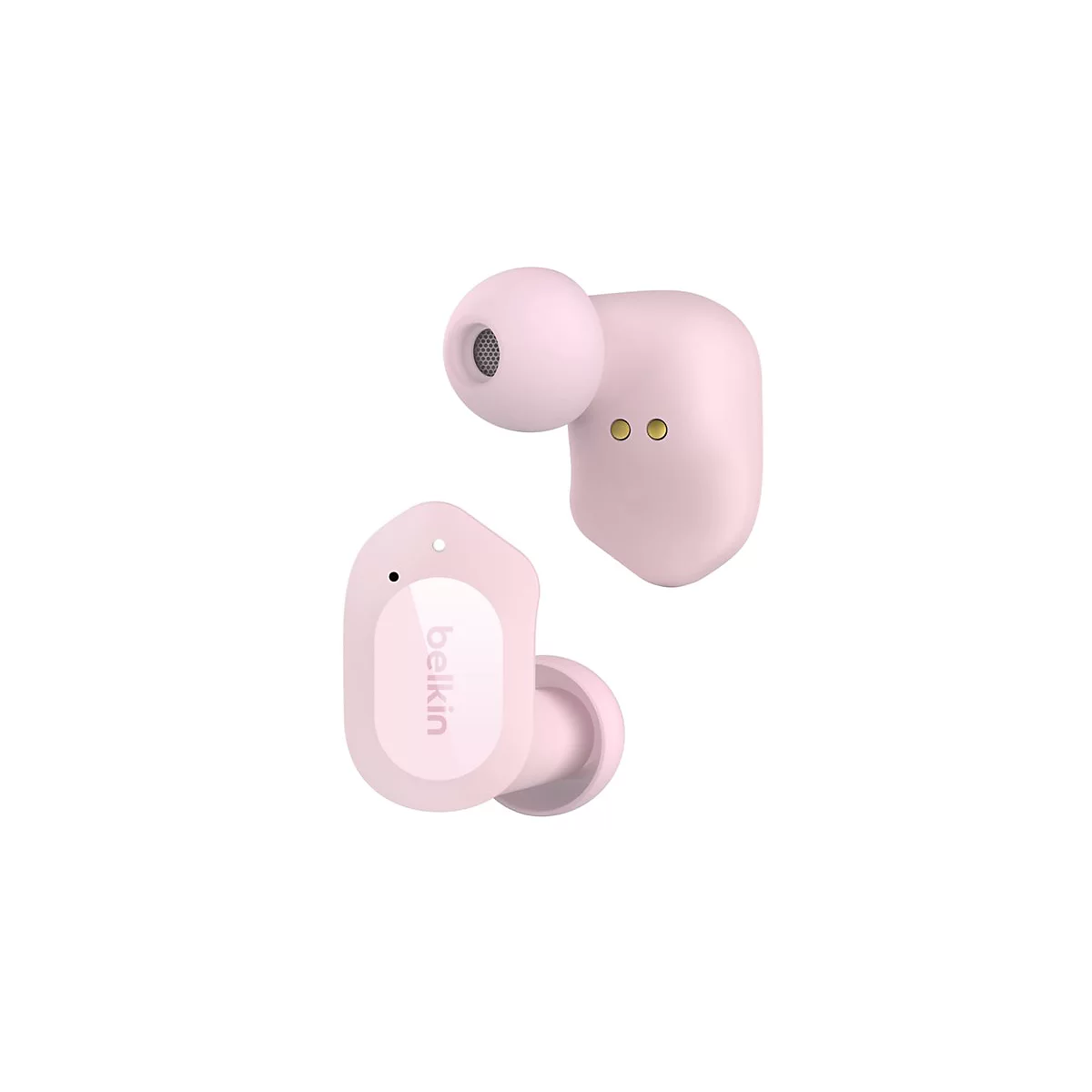 Écouteurs sans fil Belkin roses avec étui de chargement.