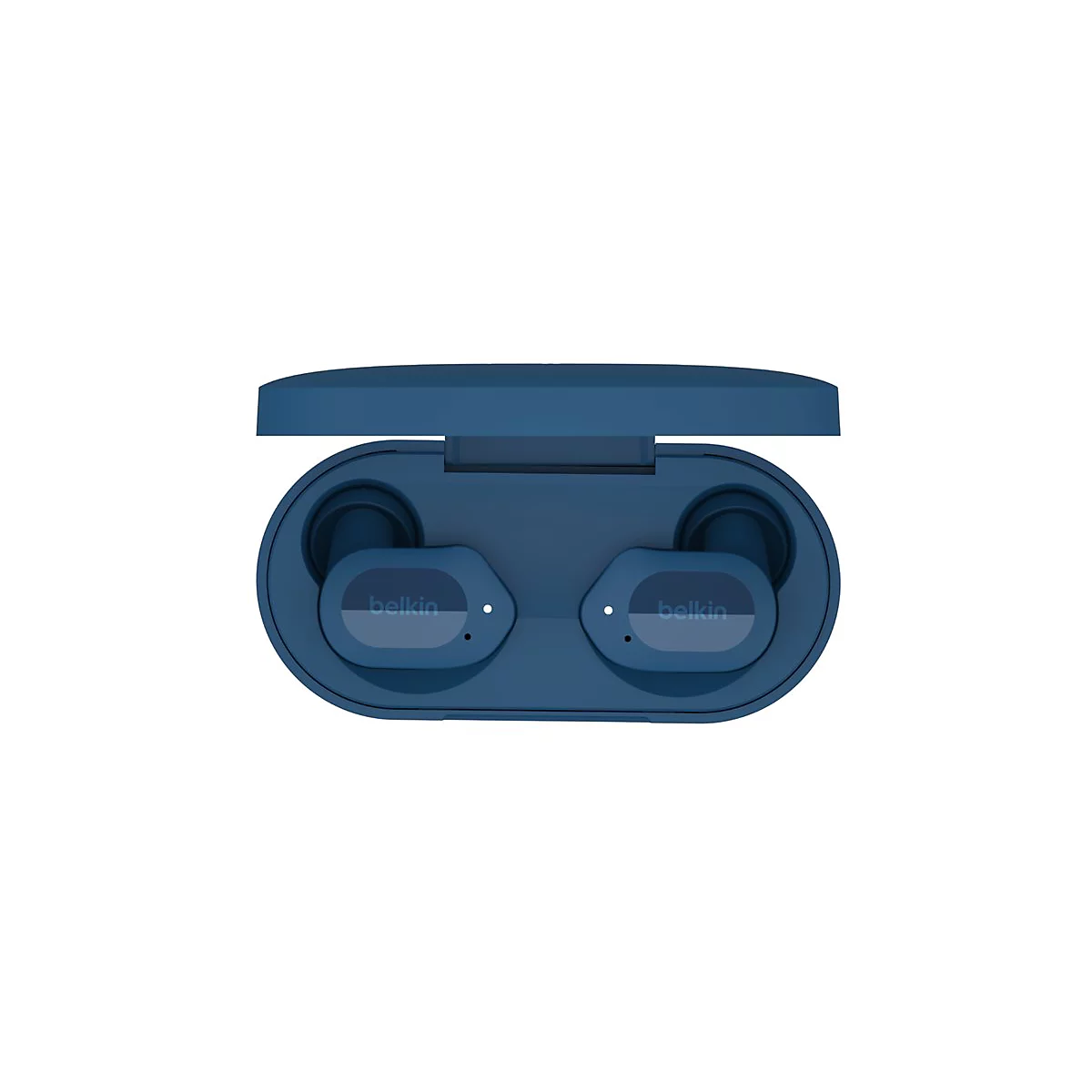 Draufsicht auf blaue True-Wireless-Ohrhörer in geöffneter Ladeschale. Auf den Ohrhörern steht 'belkin'.