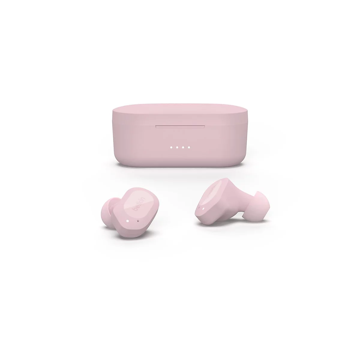 Écouteurs sans fil et étui de chargement rose clair sur fond blanc.