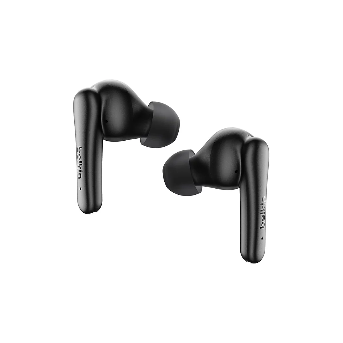 Deux écouteurs Belkin noirs sur fond blanc. Le nom Belkin est inscrit sur chaque écouteur.