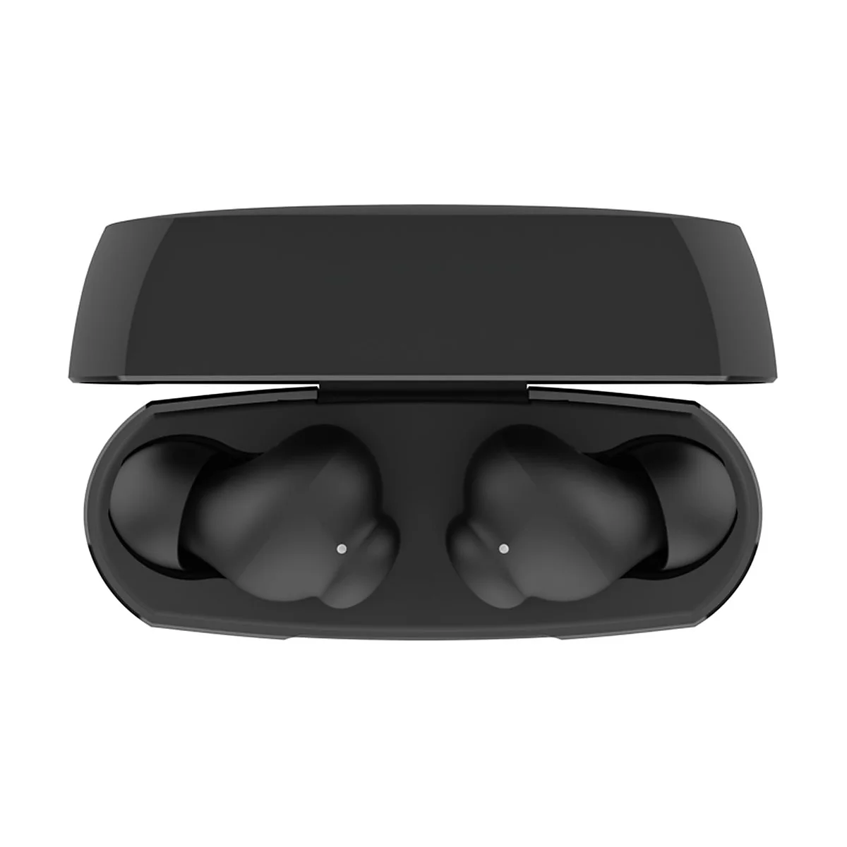 Des écouteurs sans fil noirs reposent dans leur étui de chargement ouvert.