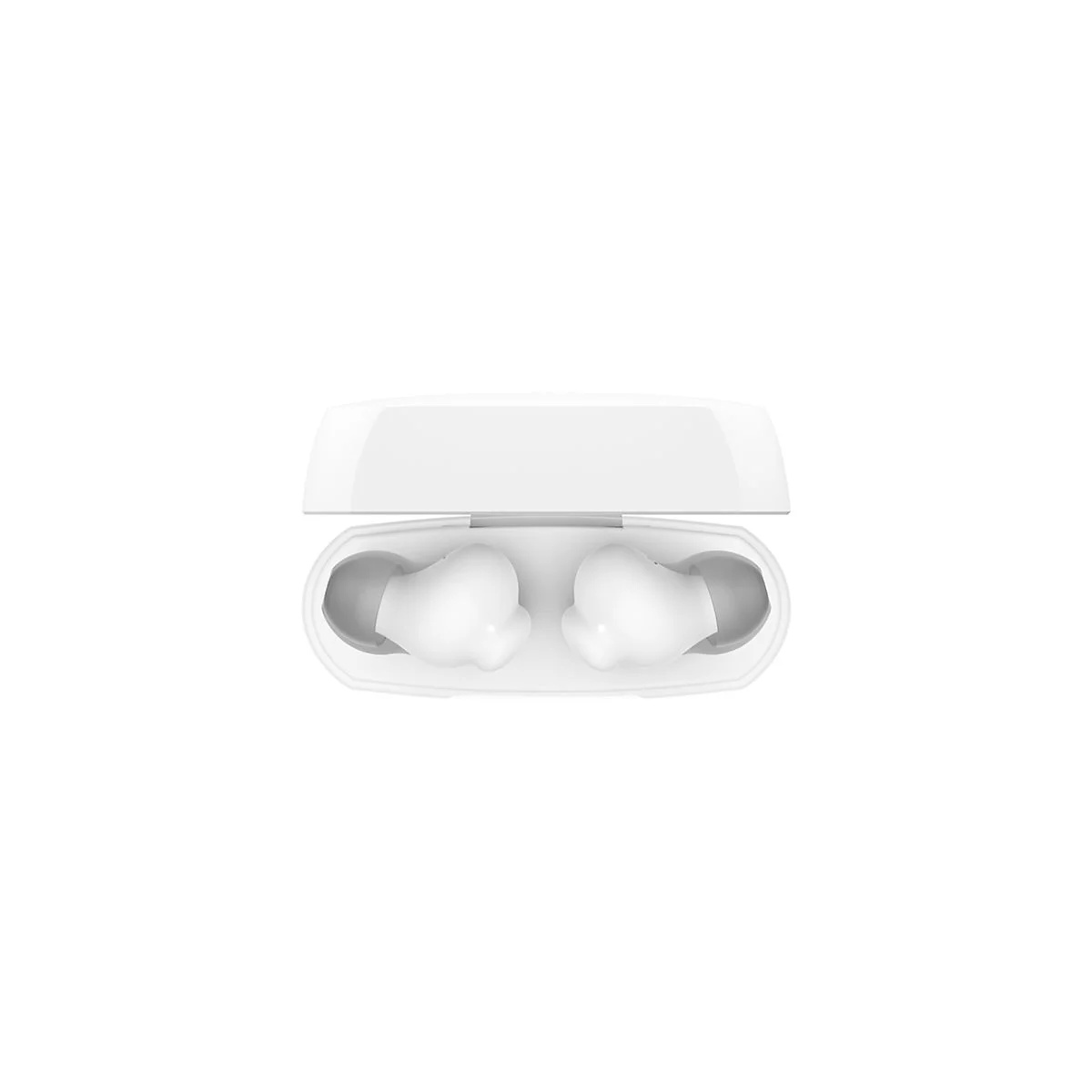 Zwei weiße Ohrhörer liegen in einer offenen, weißen Ladebox. Die Ohrhörer haben graue Ohrstöpsel.