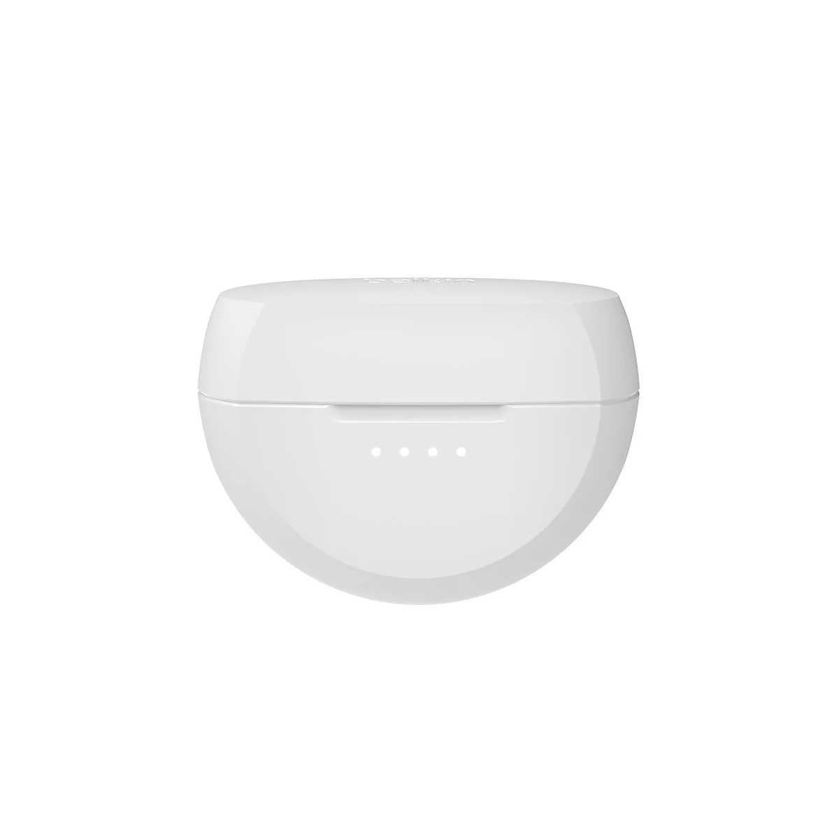 Étui de chargement blanc et ovale pour écouteurs sans fil. Quatre petits points indiquent l'état de charge.