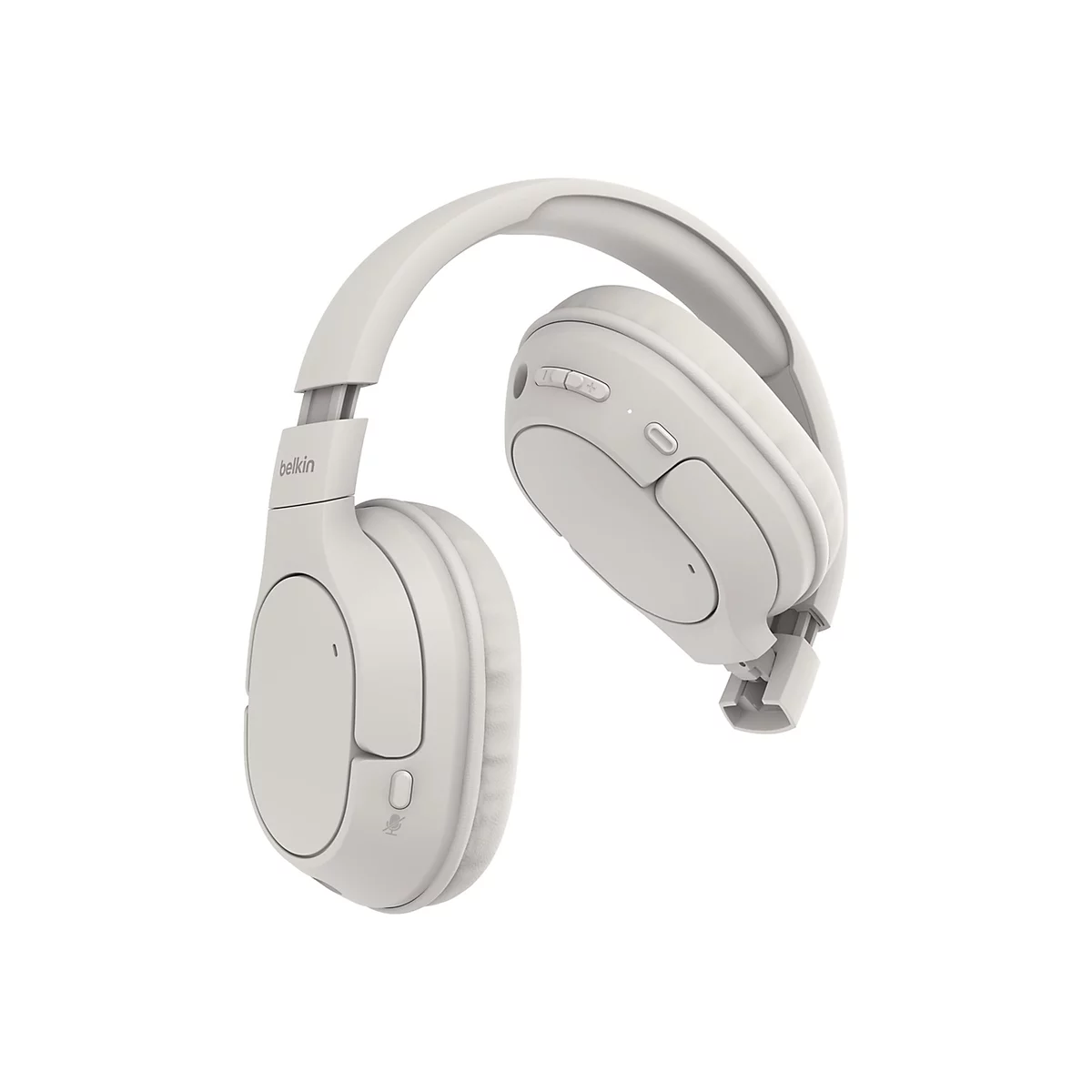 Hellgrauer Kopfhörer vor weißem Hintergrund. Das Belkin Logo ist deutlich zu sehen. Auf der Ohrmuschel befinden sich Tasten.