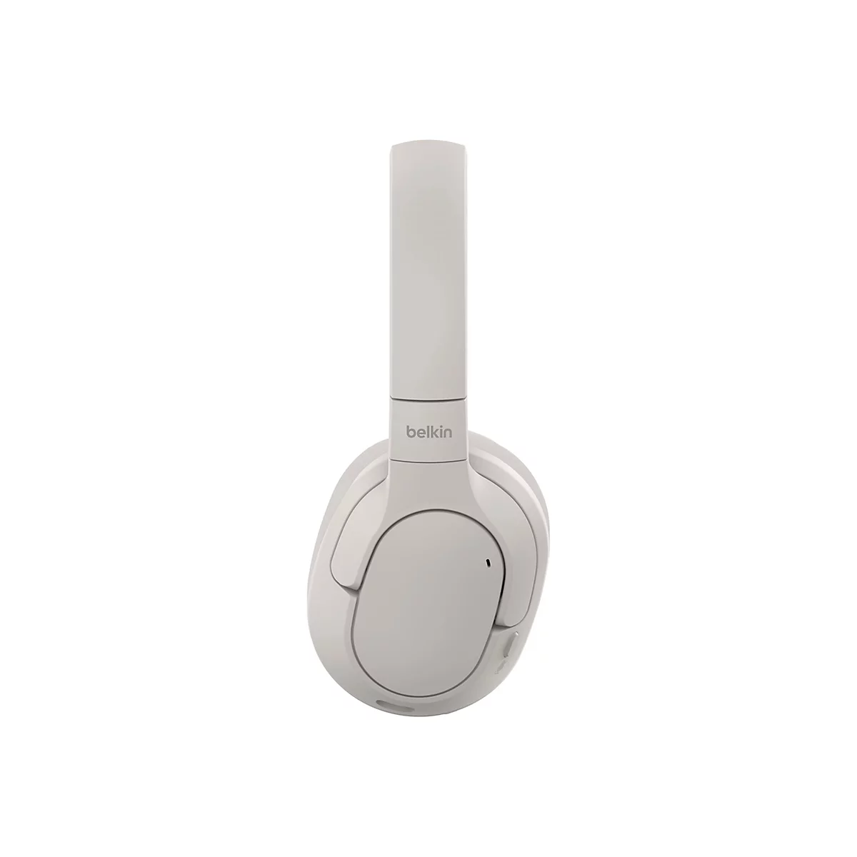 Hellgrauer Kopfhörer mit Belkin-Logo. Das Kopfband ist hochgeklappt, die Ohrmuscheln sind rund.