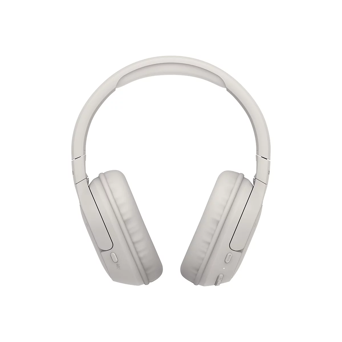 Hellgrauer Kopfhörer vor weißem Hintergrund. Sichtbar sind Ohrmuscheln, Bügel und Bedienelemente.