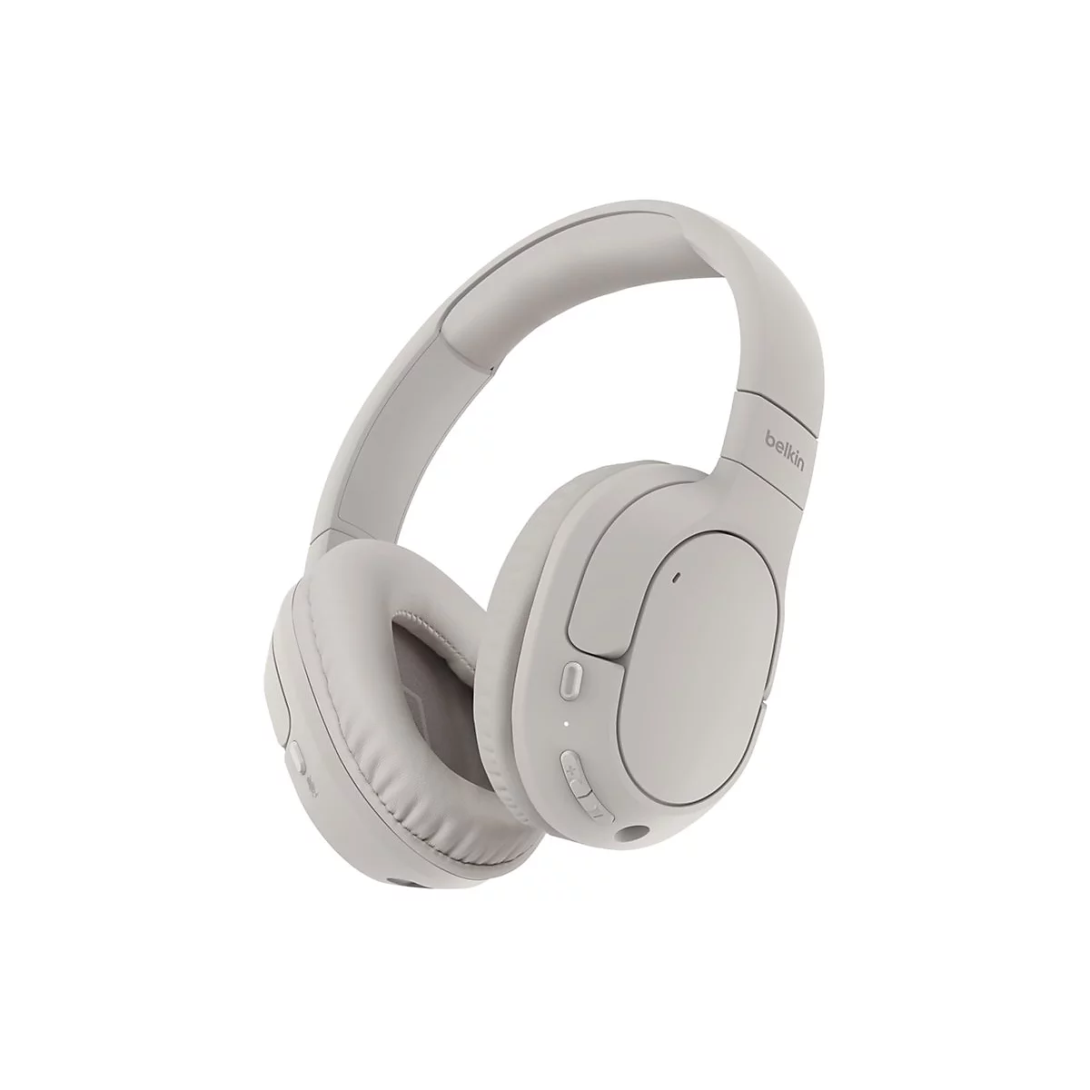 Casque gris clair sur fond blanc, vue latérale. Marque Belkin.