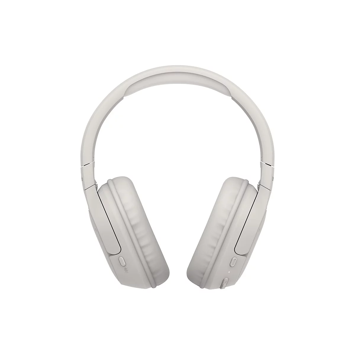 Casque audio gris clair avec coussinets rembourrés et arceau réglable sur fond blanc.