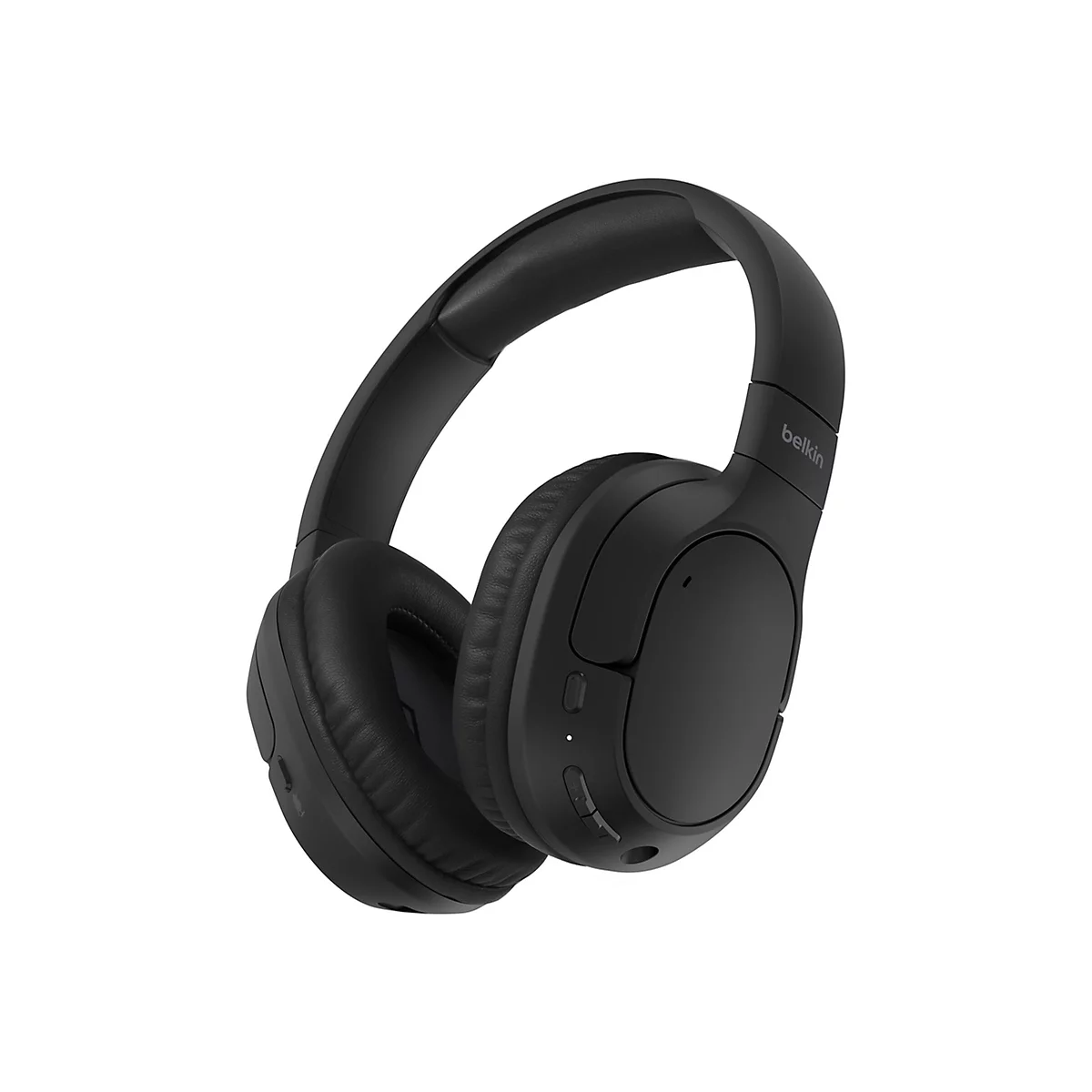 Casque noir avec oreillettes, serre-tête et logo Belkin. Sur fond blanc. Commandes sur le côté.