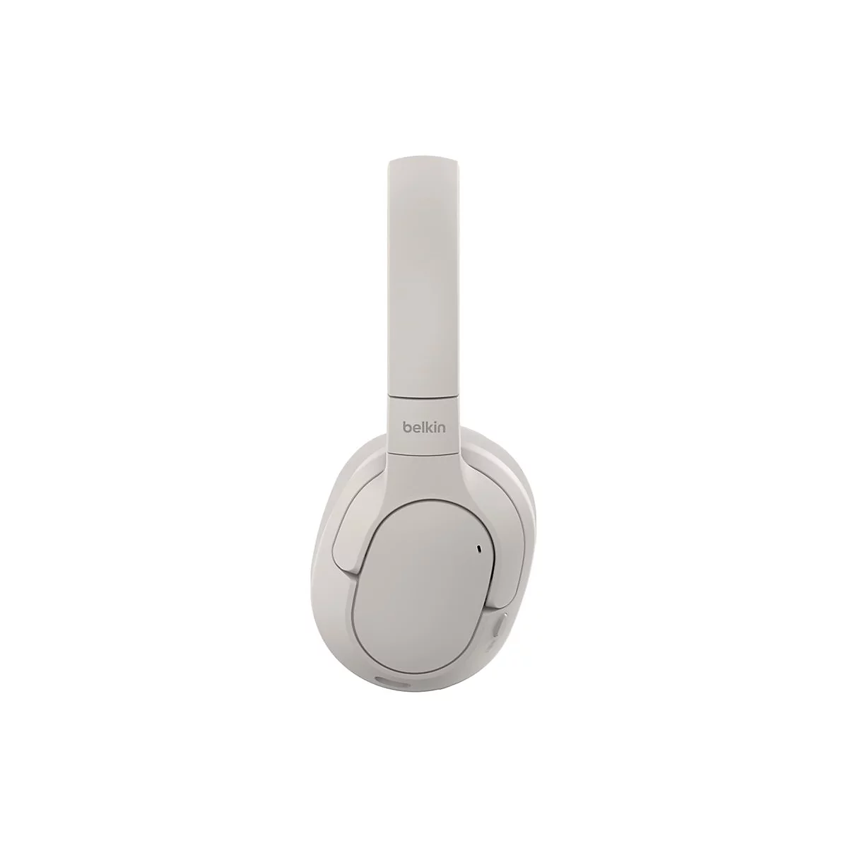 Casque Belkin gris clair sur fond blanc. L'arceau est déployé, le logo est visible.