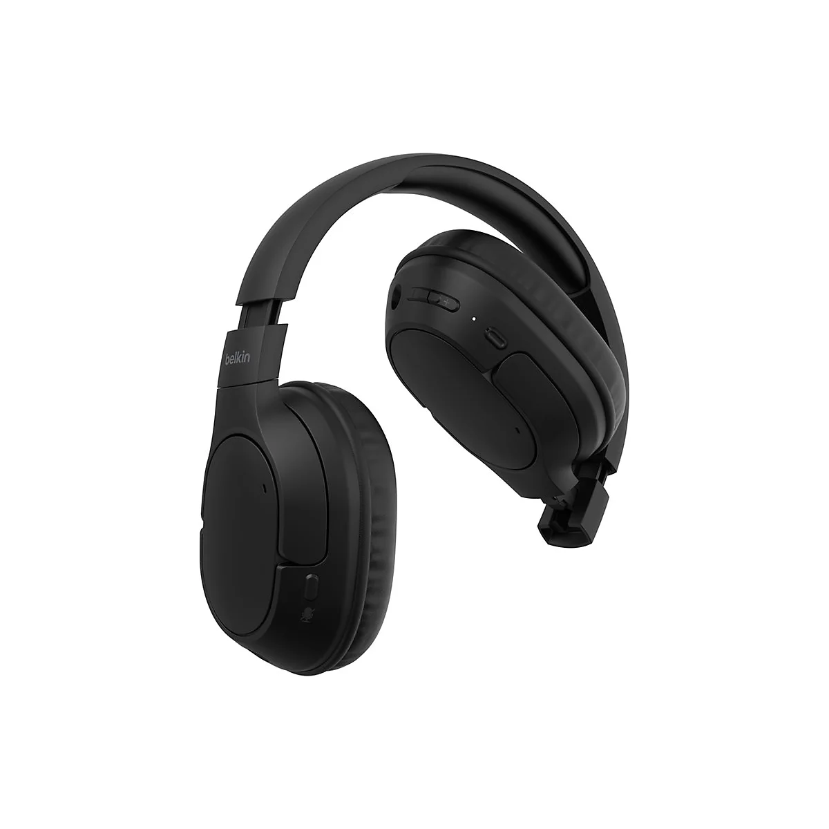 Casque supra-auriculaire noir, marque Belkin, sur fond blanc.