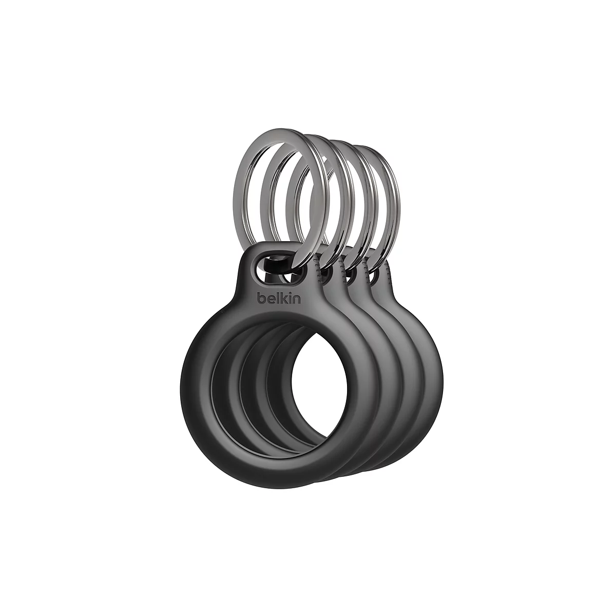 Drei schwarze Belkin AirTag-Halterungen mit silbernen Ringen vor weißem Hintergrund.