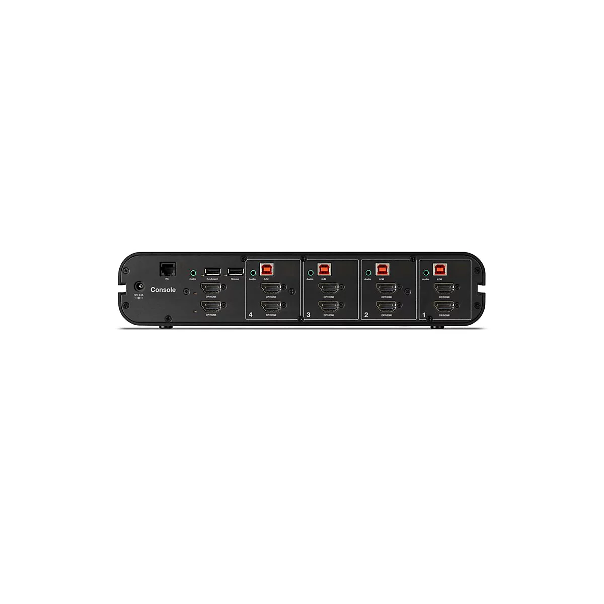Appareil console noir avec de nombreuses connexions, ports HDMI et USB, étiqueté "Console" et entrées numérotées.