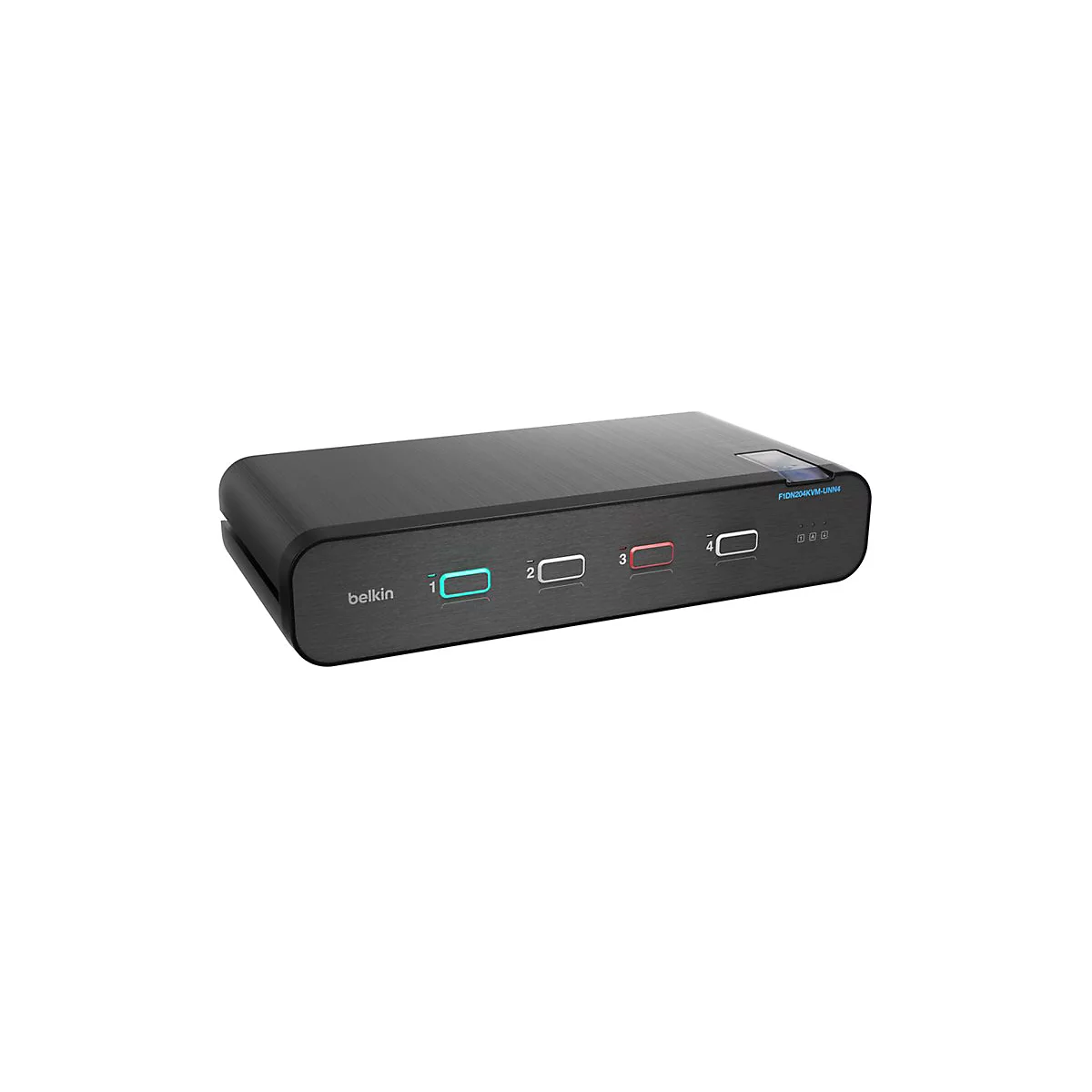 Commutateur KVM Belkin noir. Quatre ports, indicateurs LED verts et rouges. Inscription : 'F1DN204KVM-UNN4'.