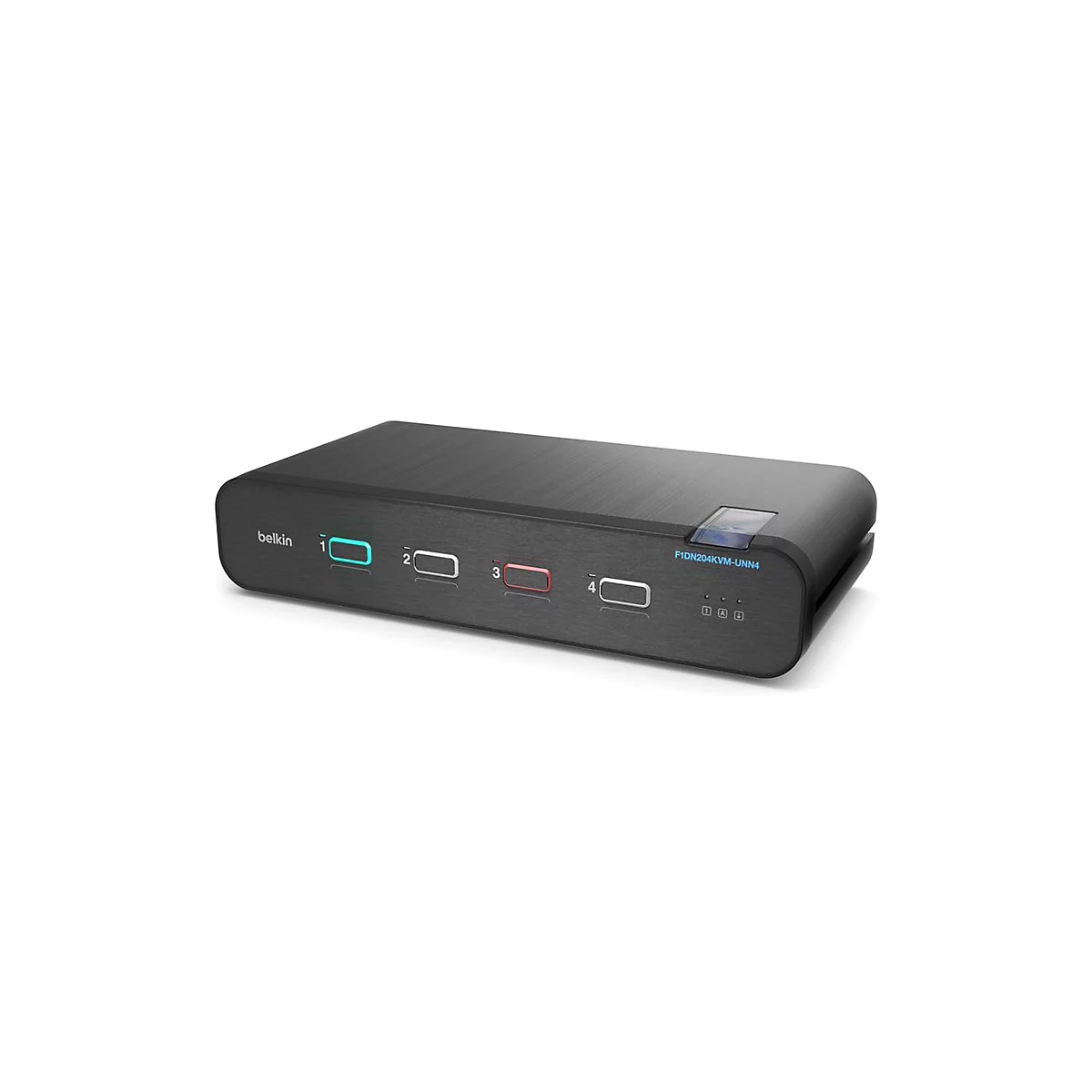 Commutateur KVM Belkin noir, vue de face avec ports et indicateurs.