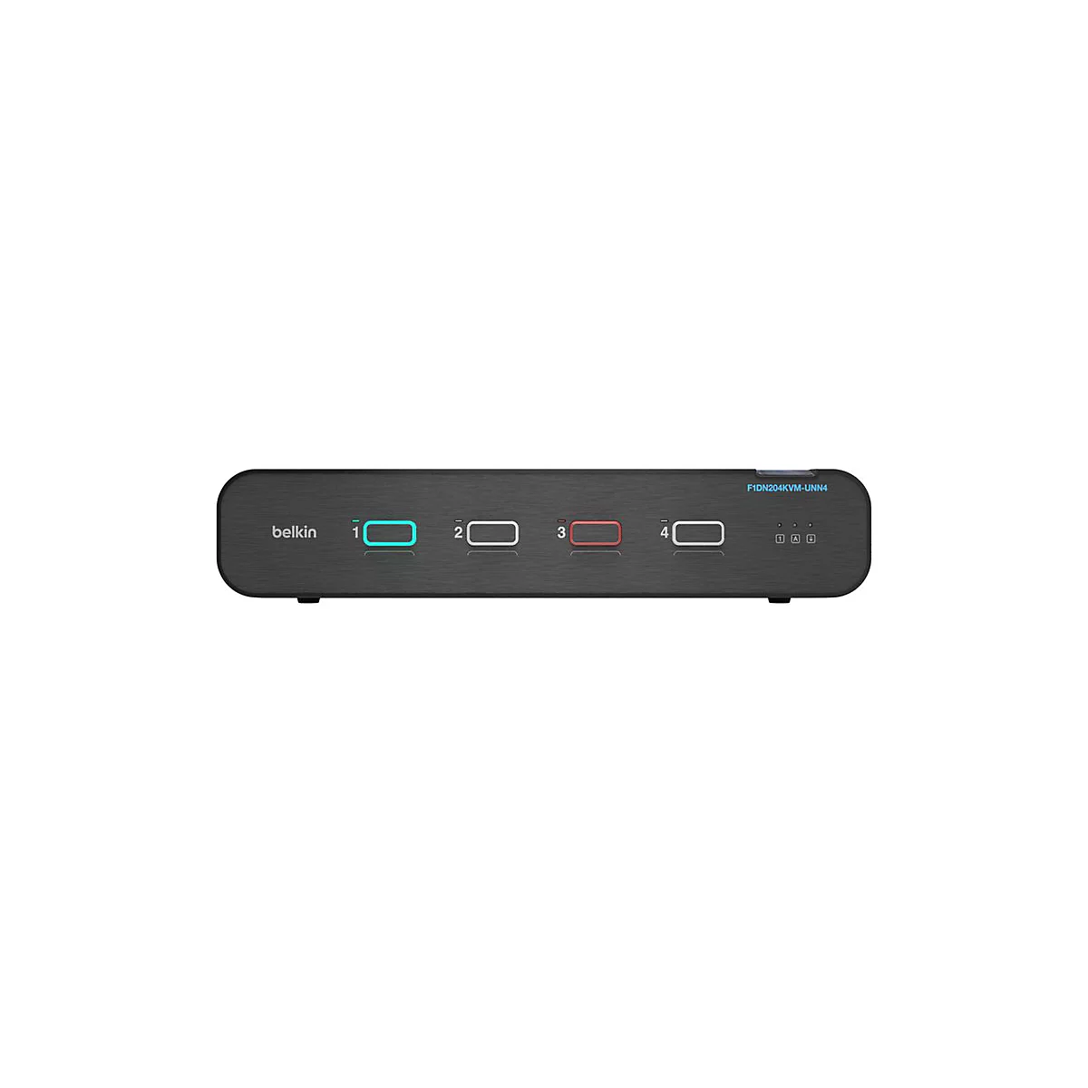 Commutateur KVM Belkin noir avec quatre entrées, boutons éclairés et nom du produit.