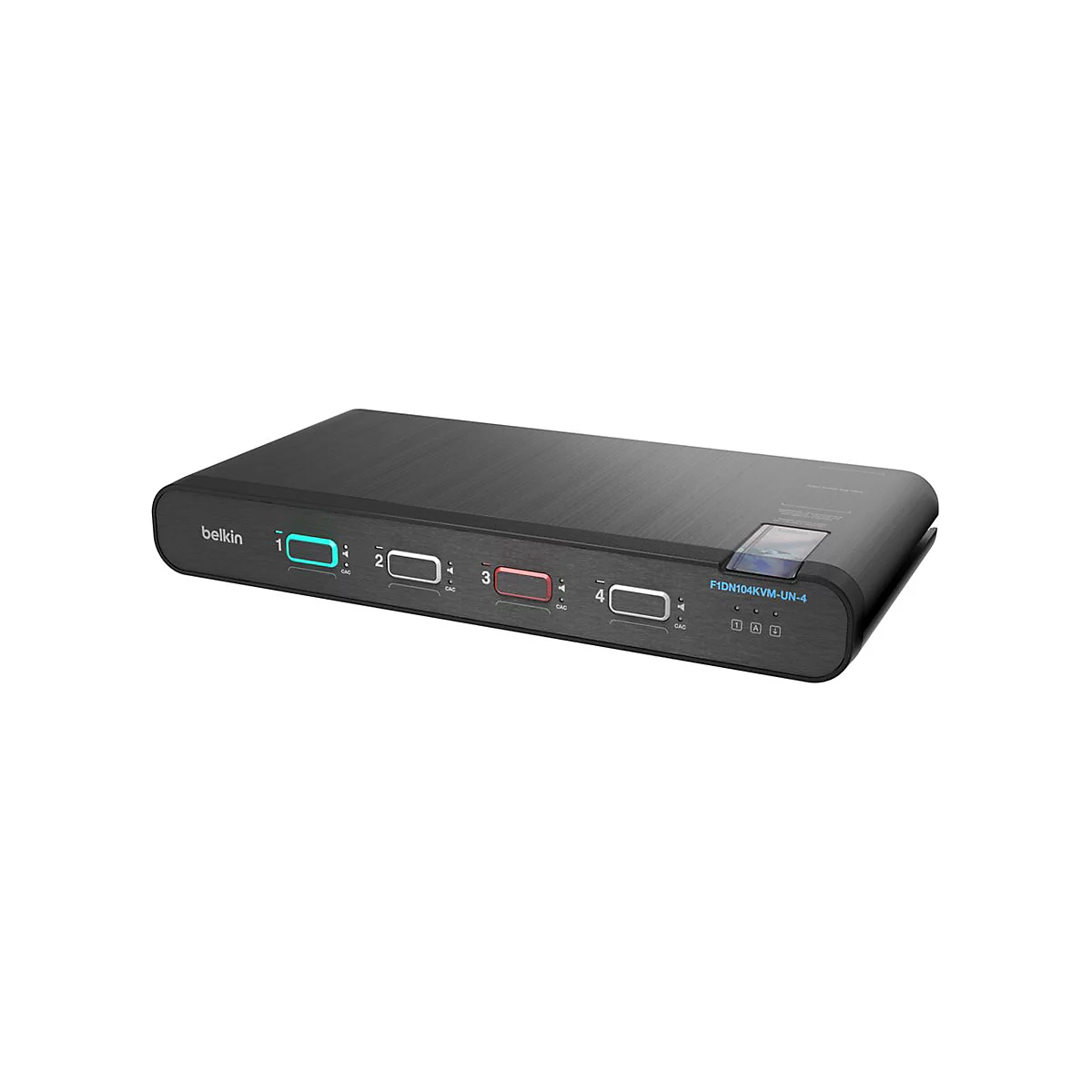 Ein schwarzer Belkin KVM-Switch mit LED-Anzeigen und Anschlüssen. Aufschrift: F1DN104KVM-UN-4.