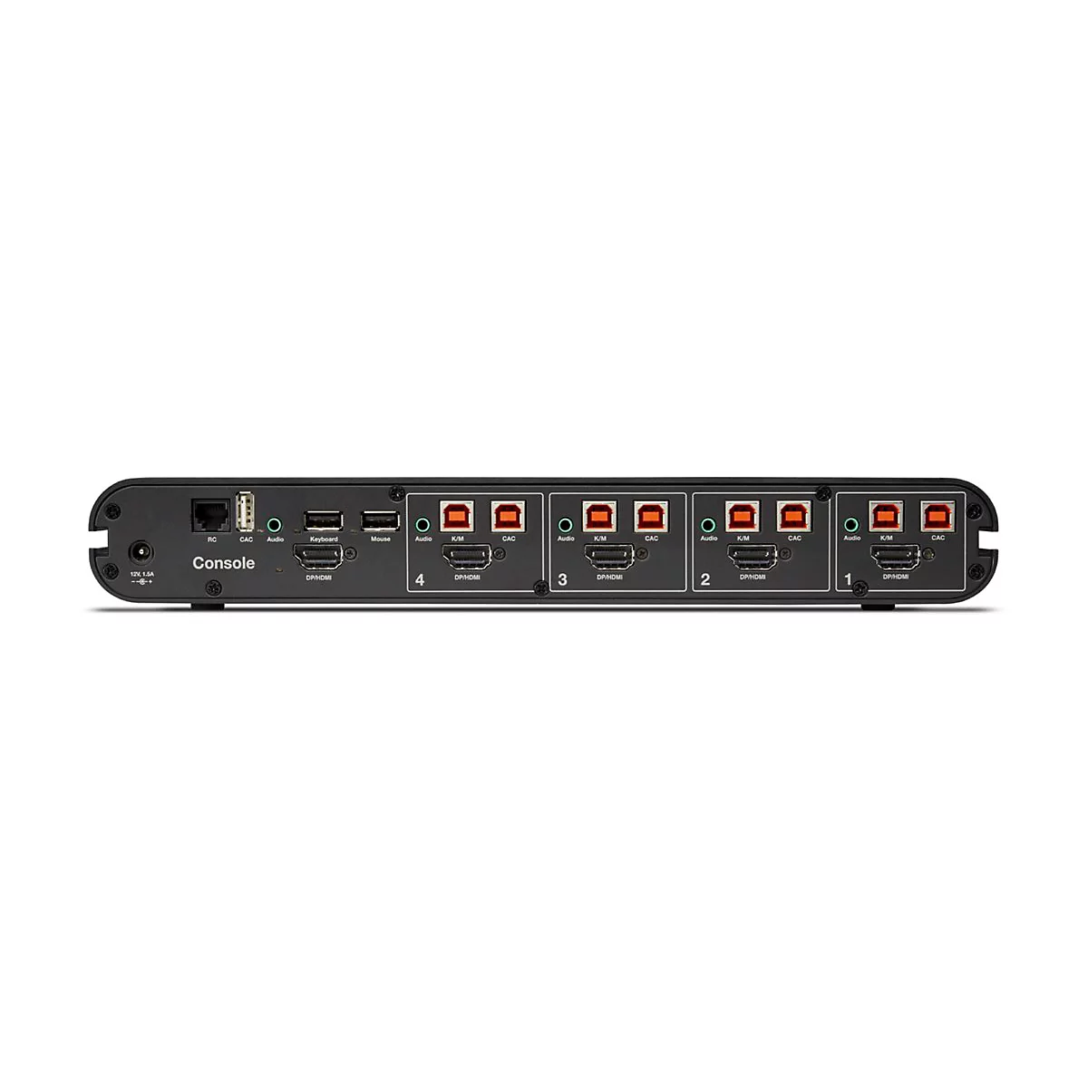 Schwarzer KVM-Switch mit mehreren Anschlüssen und Beschriftungen. Konsole, Audio, K/M, DP/HDMI, sowie Nummern zur Identifizierung.