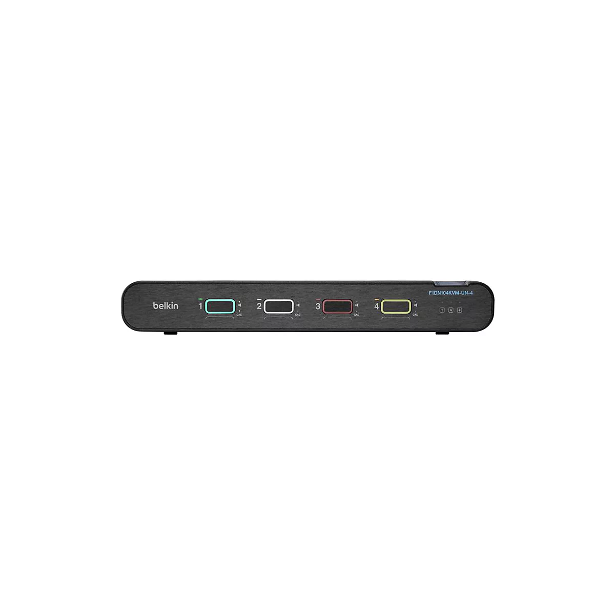 Commutateur KVM Belkin noir, vue de dessus. Quatre emplacements de connexion avec LED colorées. Texte: Belkin.