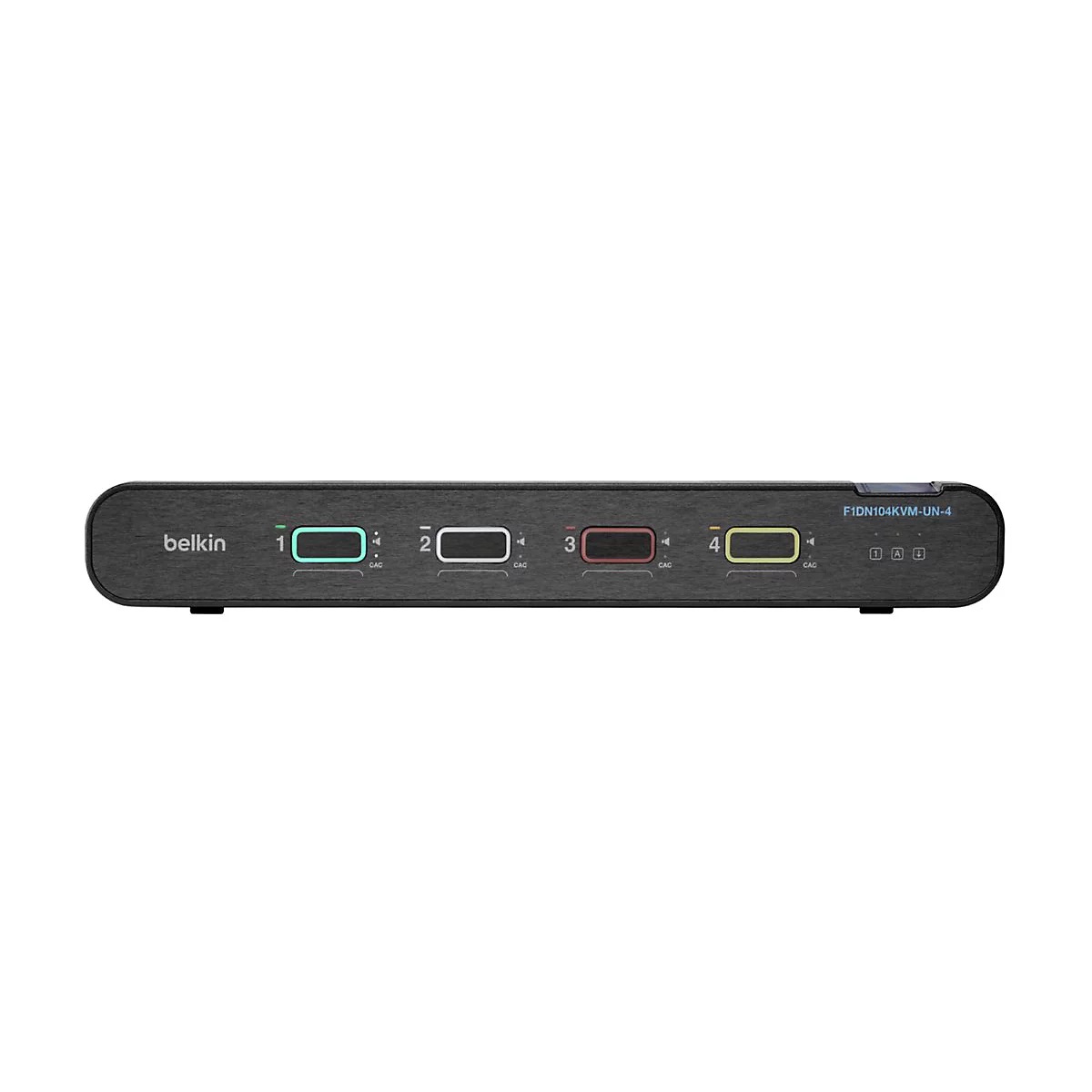 Ein schwarzer Belkin-KVM-Switch mit vier Anschlüssen, beleuchteten Knöpfen und Modellbezeichnung F1DN104KVM-UN-4.