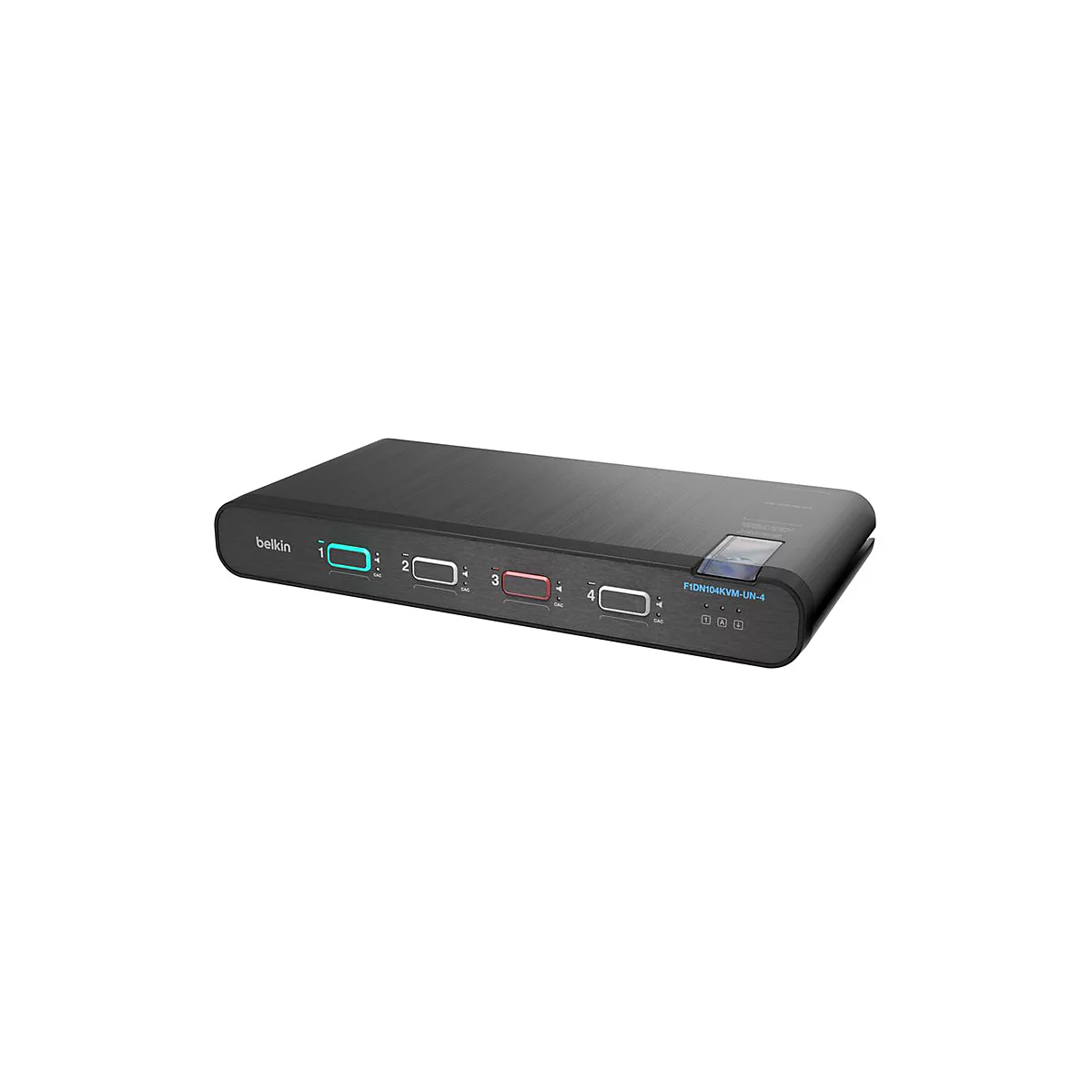 Commutateur KVM Belkin noir. Ports d'entrée, LED et un petit écran sont situés sur le dessus.