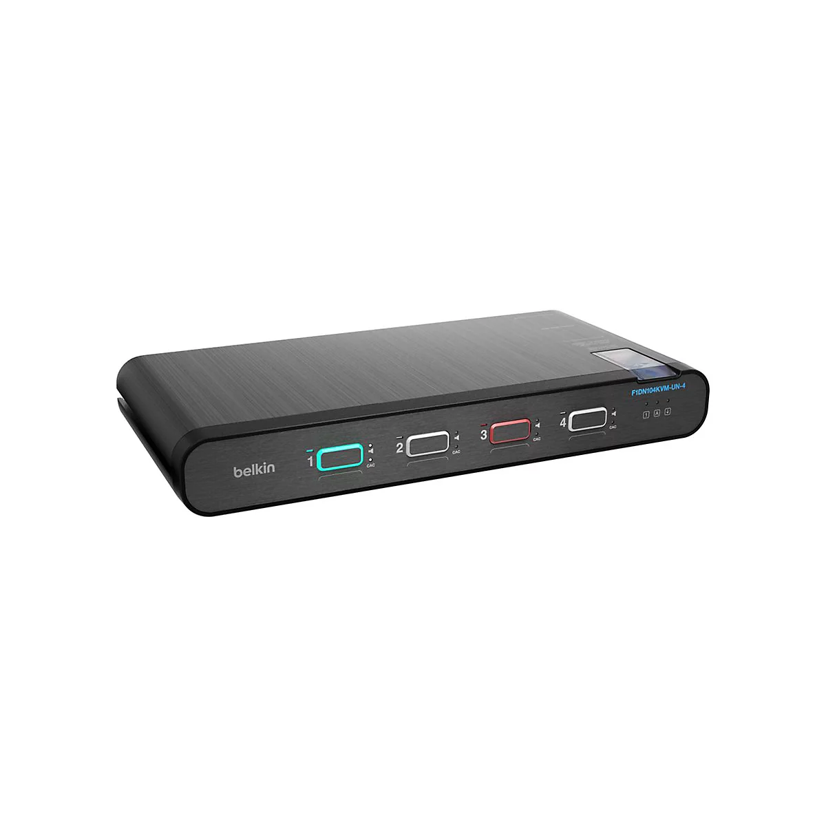 Schwarzer Belkin KVM-Switch. Oben Knöpfe mit blauen und roten Lichtern. Aufschrift: F1DN104KVM-UN-4.