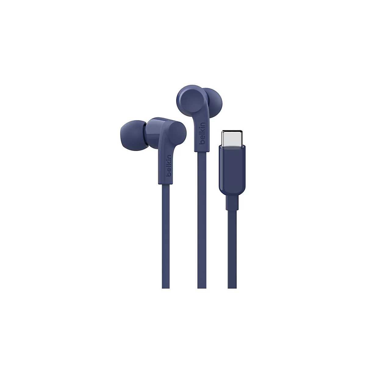 Écouteurs intra-auriculaires bleus Belkin avec connecteur USB-C, sur fond blanc.