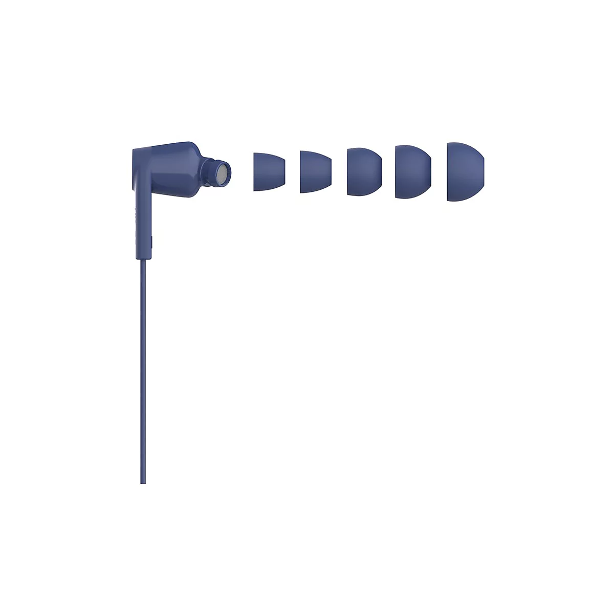 Écouteurs intra-auriculaires bleus avec quatre embouts différents.