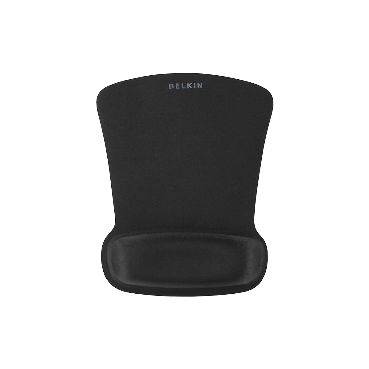 Tapis de souris noir avec repose-poignet, logo Belkin en haut.