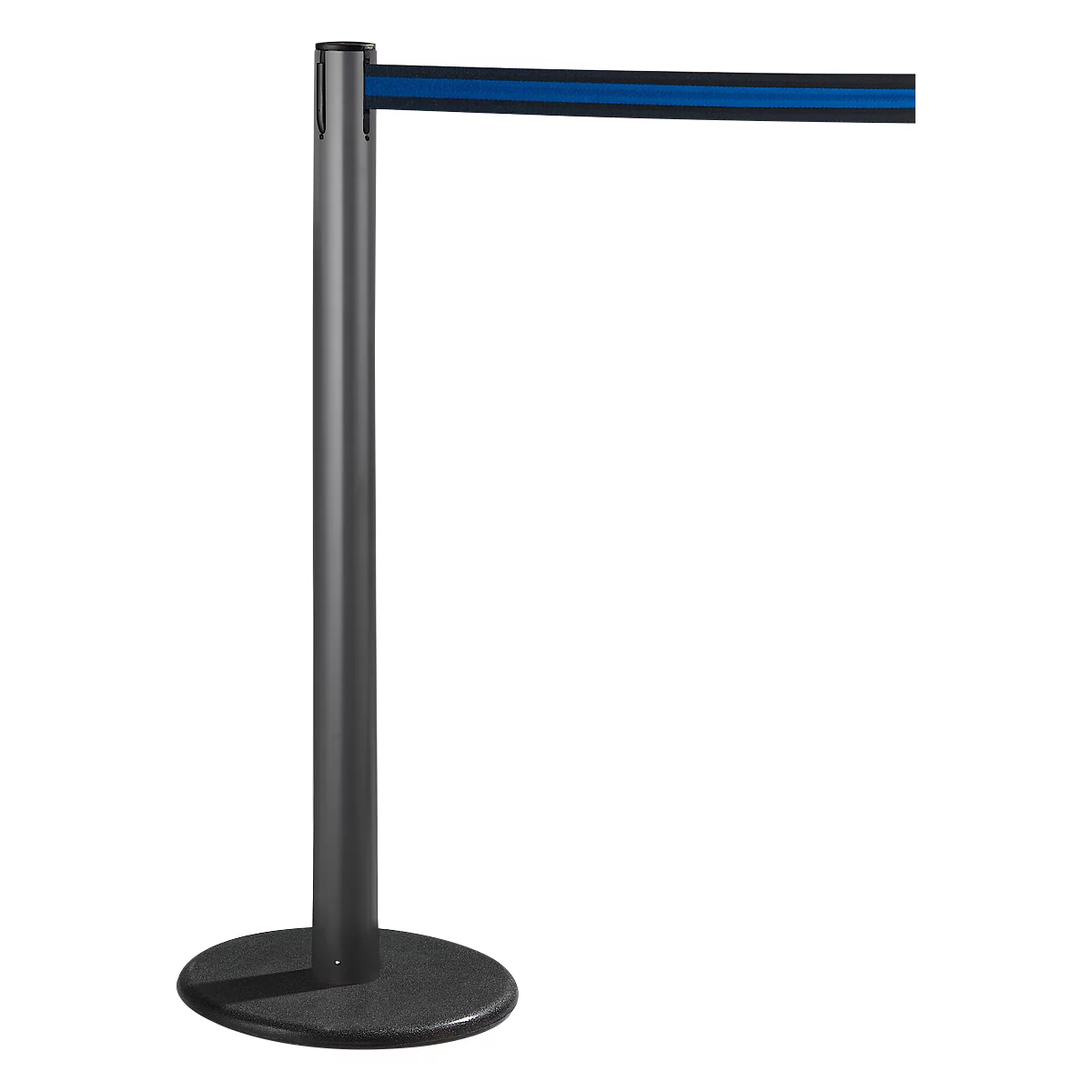 A single, dark stanchion with a blue barrier tape on a white background.