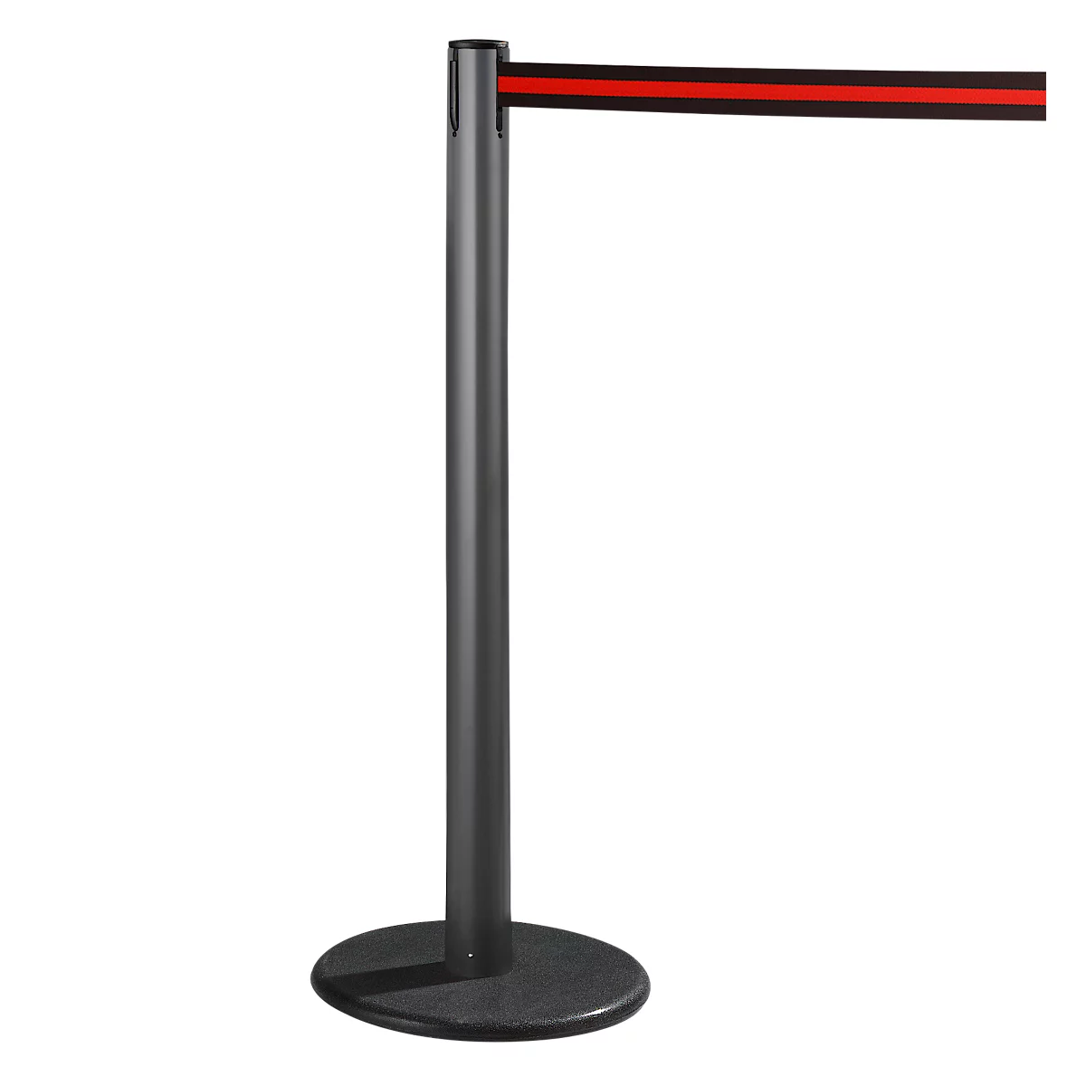 Black barrier with red tape and black base.