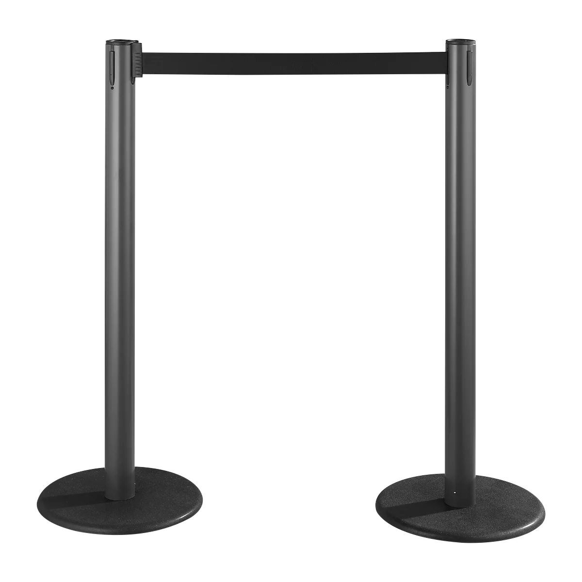 Two black stanchions with a stretched black band.