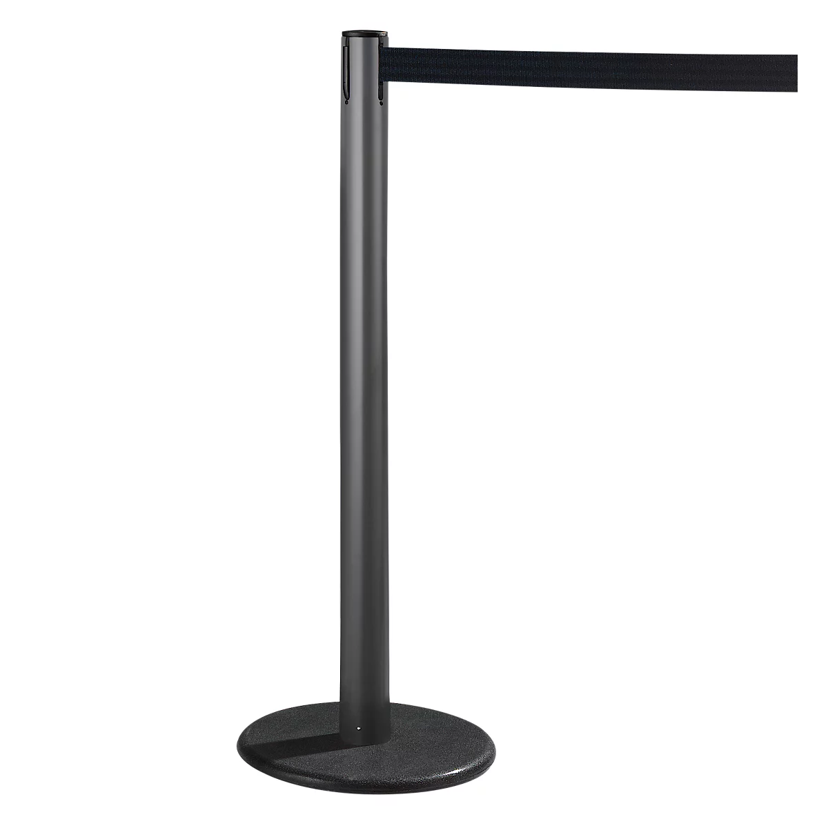 Black barrier with black webbing, against a white background.