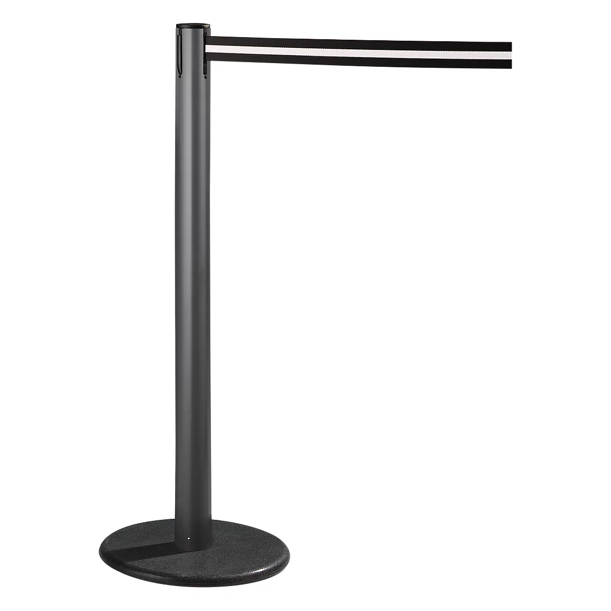 Black barrier posts with black ribbon and silver stripes, white background.