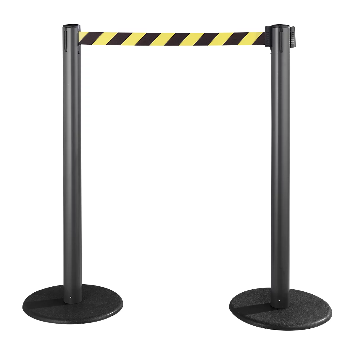 Two black posts with a yellow and black striped barrier. The posts have round bases.