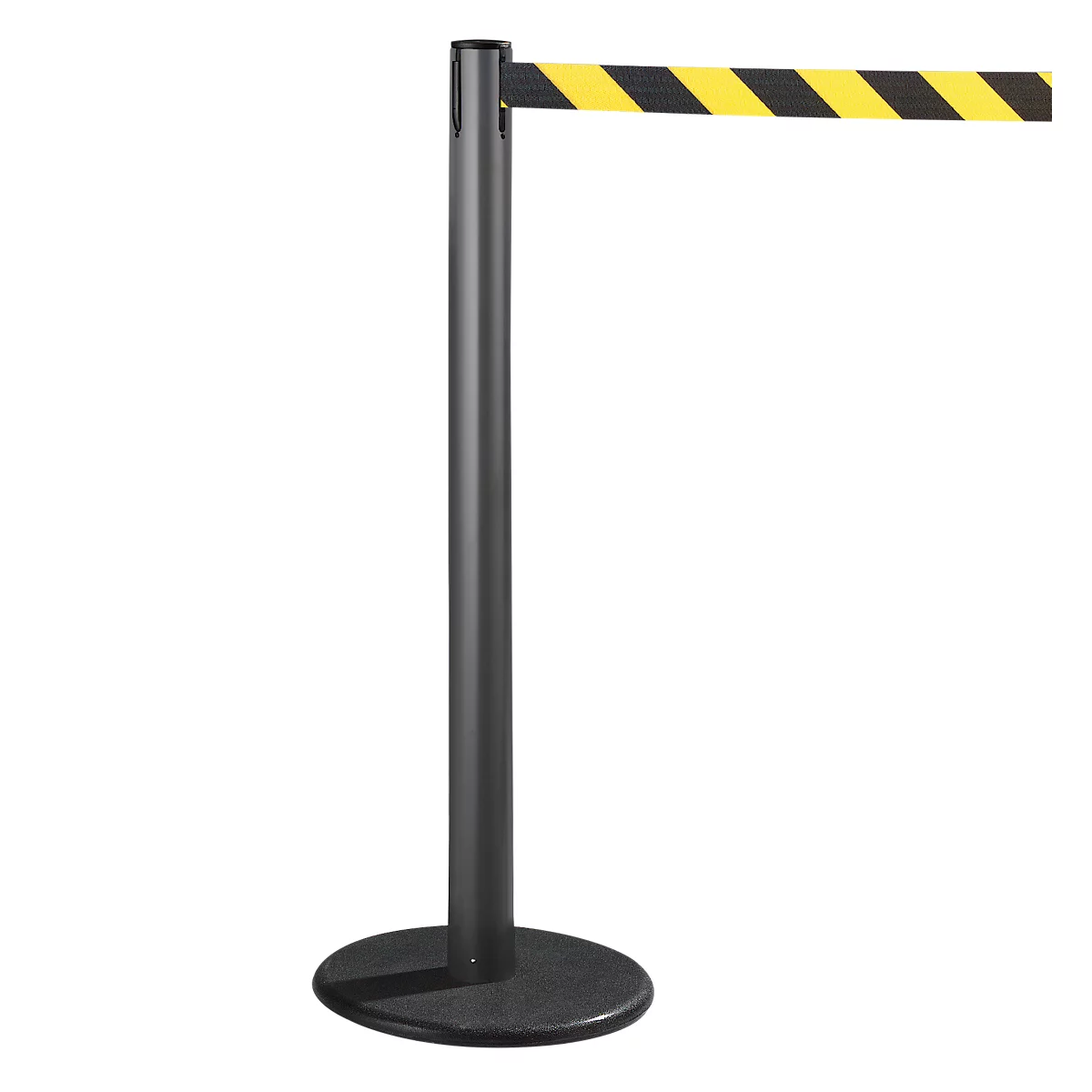 Black stanchion with yellow and black striped barrier tape. Round base on a white surface.