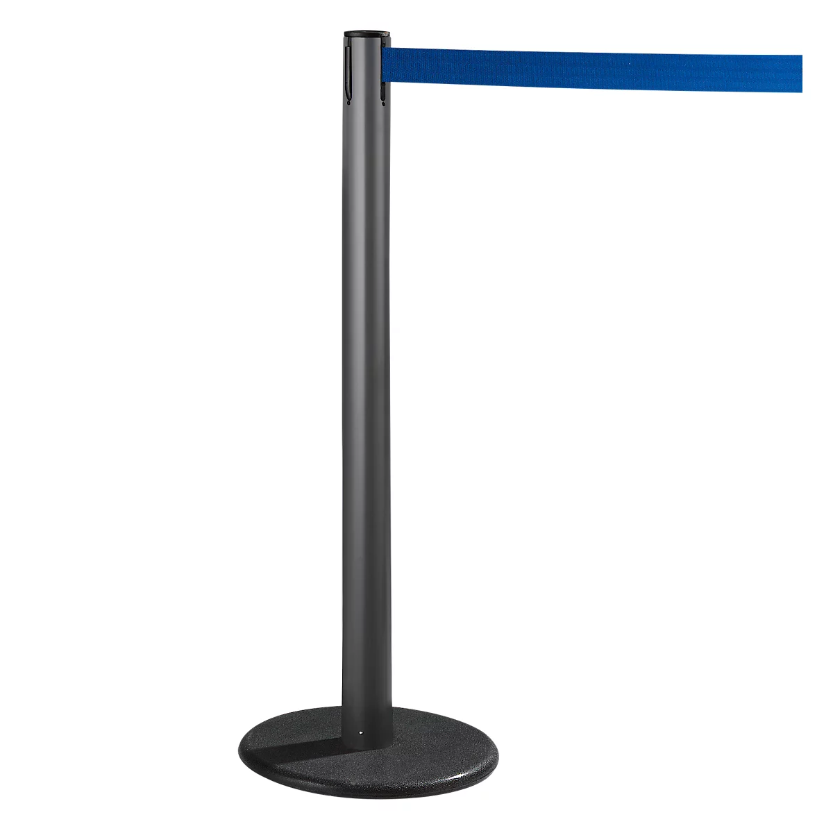 Grey stanchion with blue band, serving as a barrier.