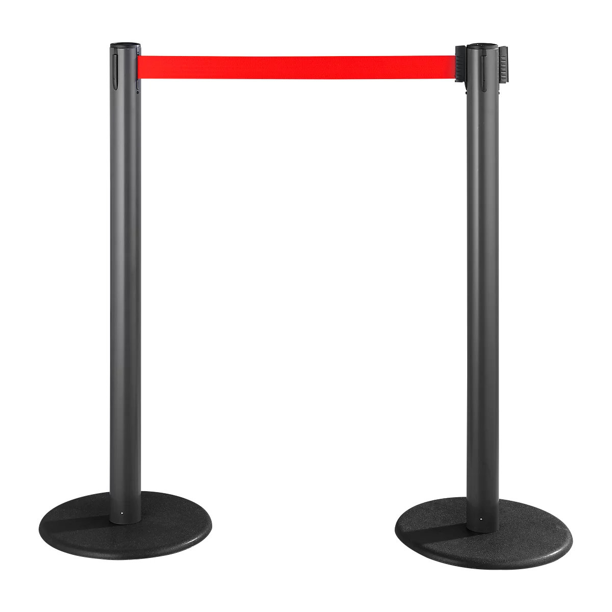 Two black stanchions with a red retractable belt. The stanchions stand on round bases.