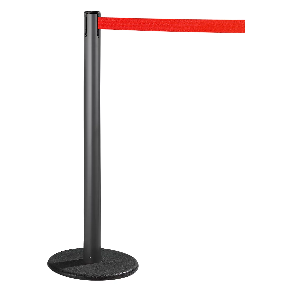 A black stanchion with a red belt, against a white background.