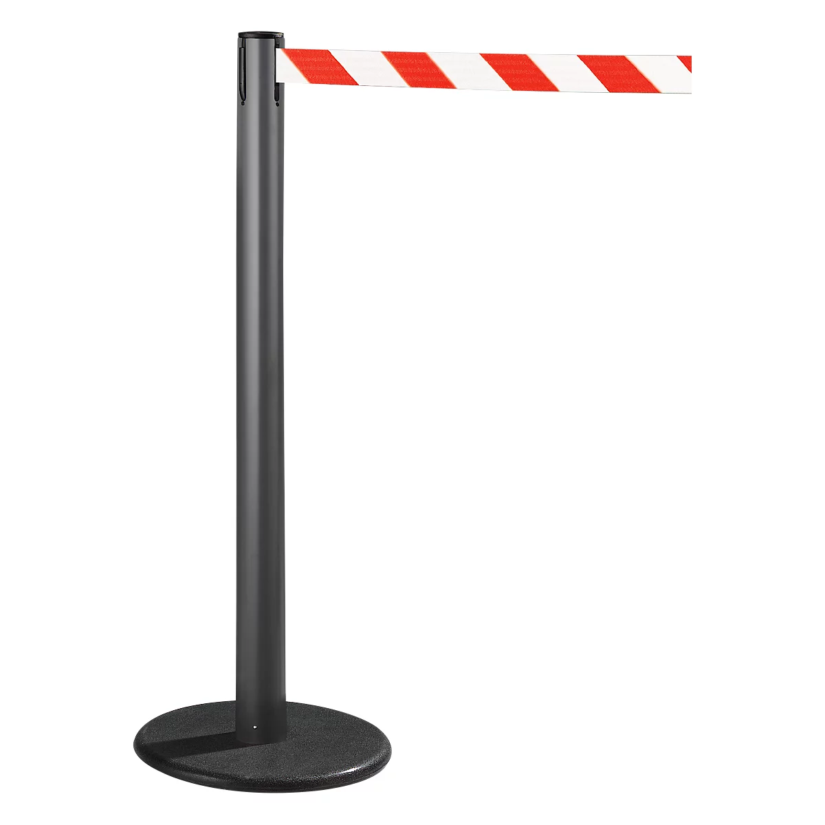 Gray stanchion with red and white striped band. The stanchion stands on a round, black plate.